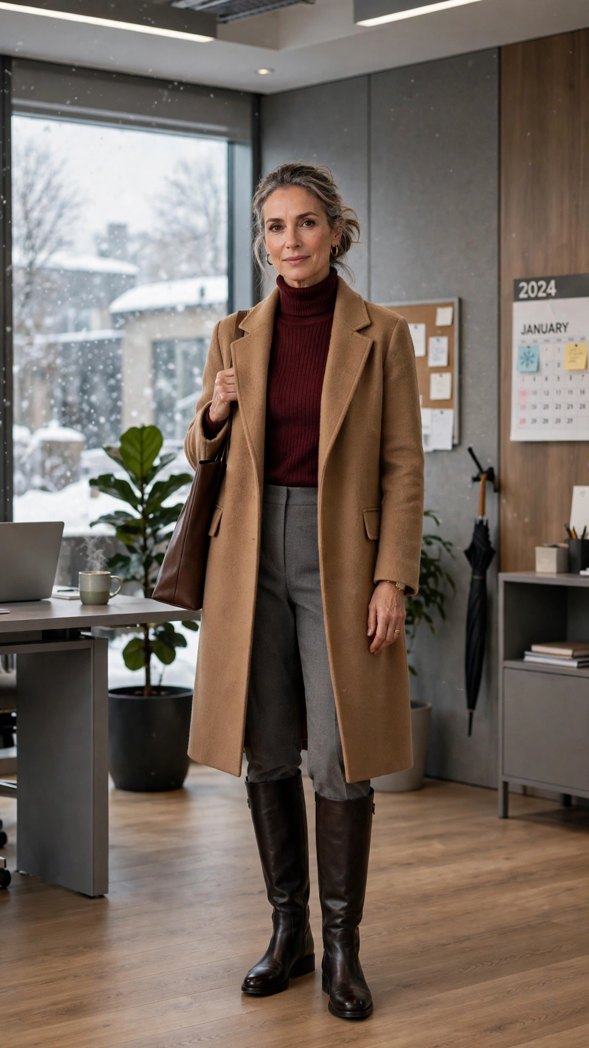 Burgundy turtleneck, grey trousers with a camel coat and knee-high boots