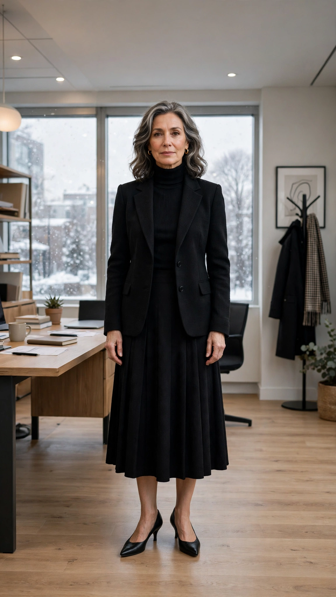 Black turtleneck, midi skirt with a structured jacket and kitten heels