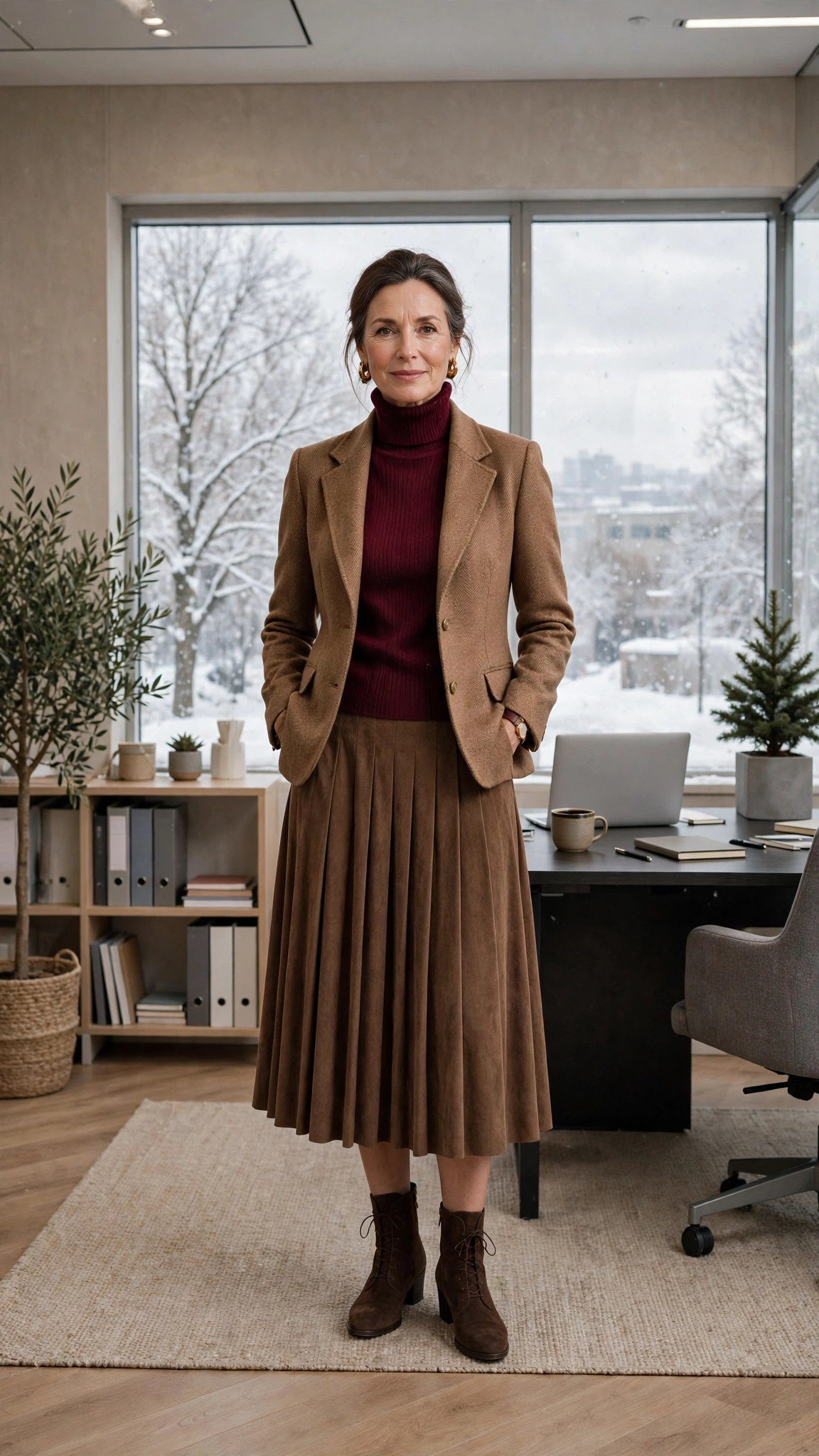 Wine turtleneck, midi skirt with a structured jacket and suede ankle boots