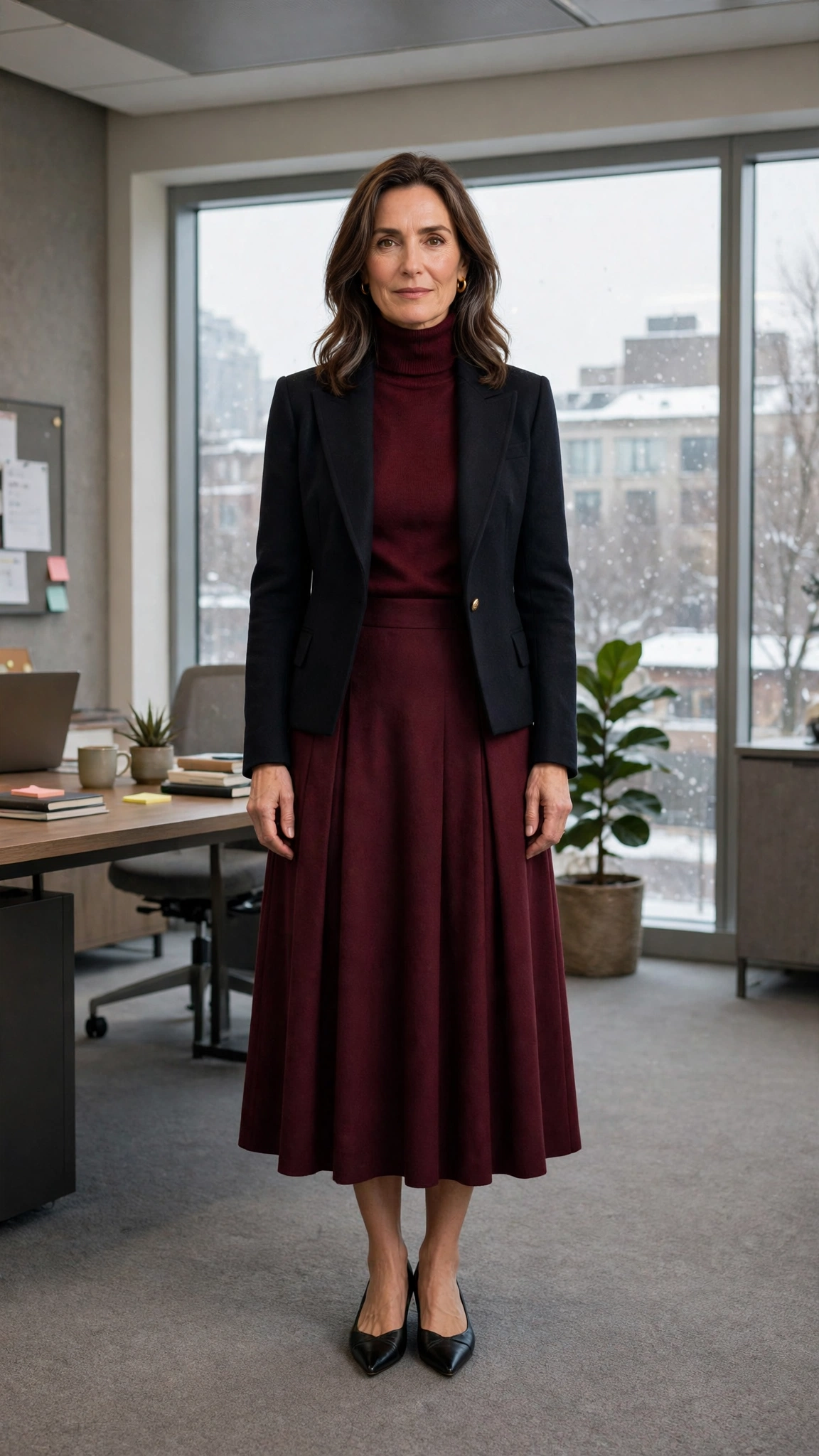 Wine turtleneck, midi skirt with a structured jacket and elegant pointed flats