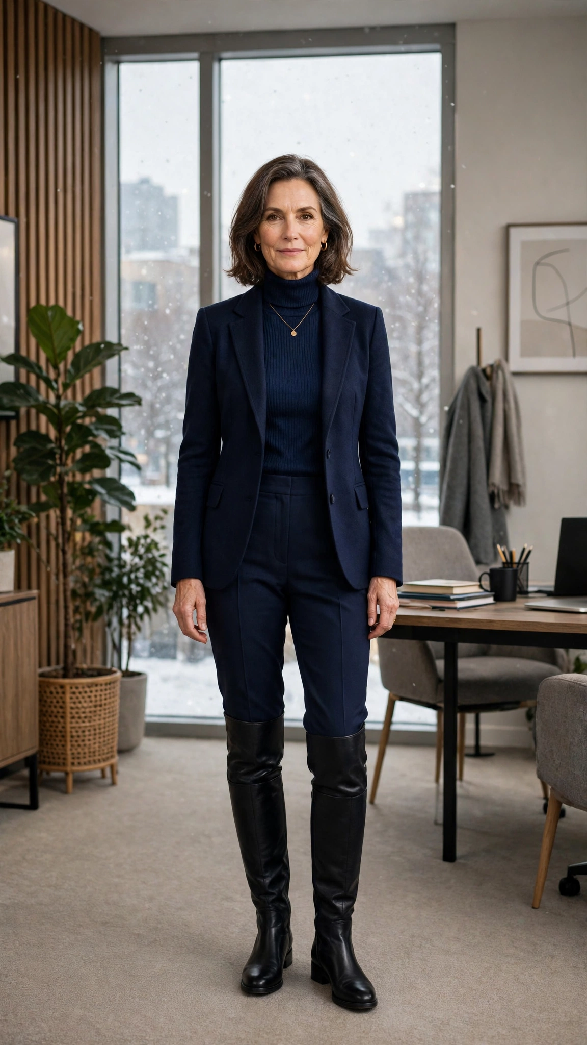 Navy turtleneck, tailored trousers with a blazer and knee-high boots