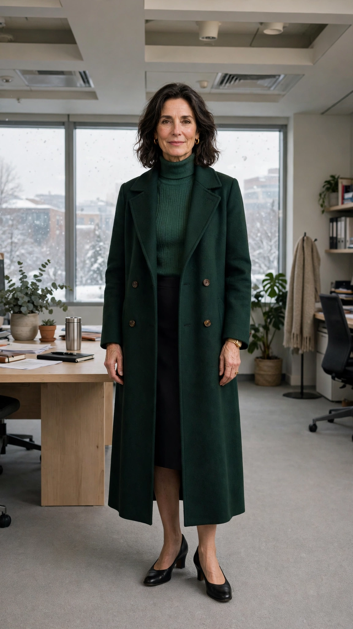 Forest green turtleneck, pencil skirt with a long coat and low-heeled pumps