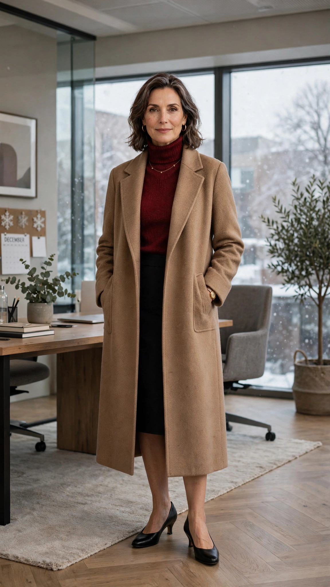 Wine turtleneck, pencil skirt with a long coat and low-heeled pumps