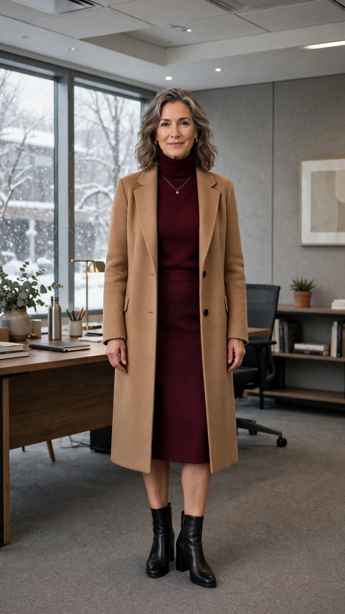 Wine turtleneck, pencil skirt with a long coat and block-heel ankle boots