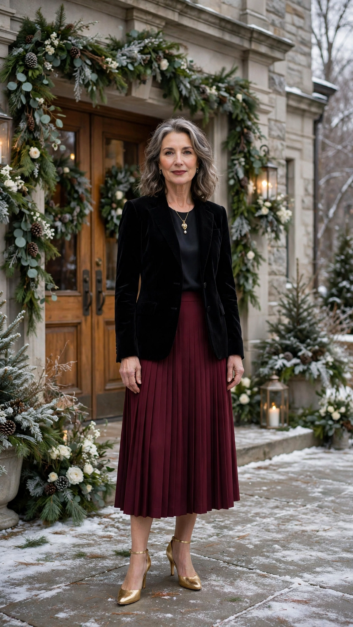 Black Velvet Blazer with a Burgundy Skirt and Gold Heels