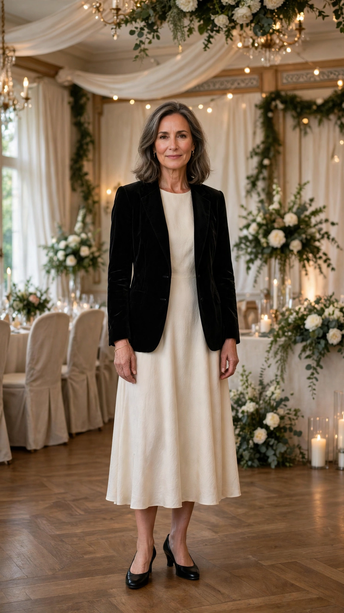 Black Velvet Blazer with a Cream Midi Dress and Black Low Heels