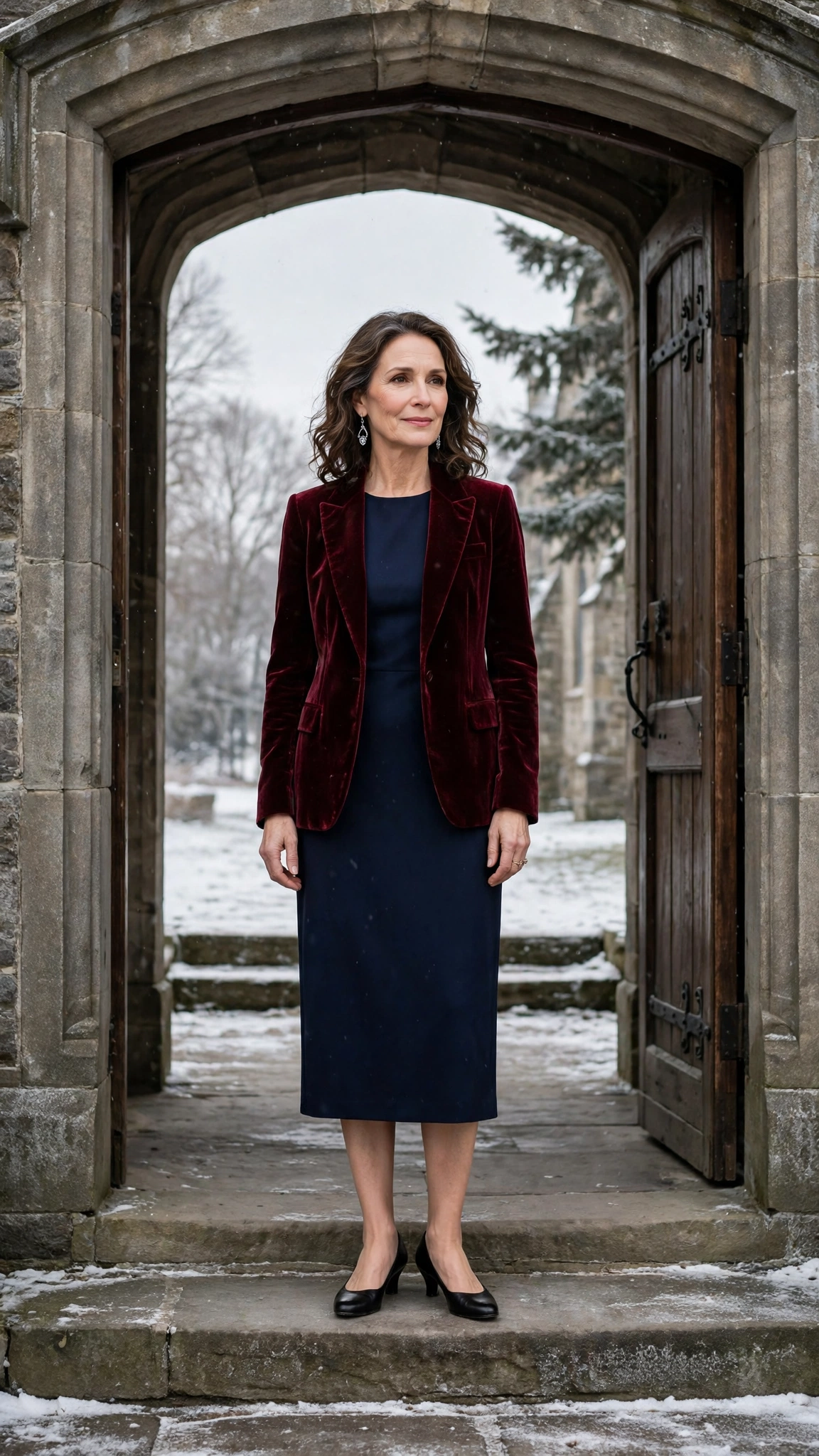 Wine Velvet Blazer with a Navy Dress and Black Low Heels