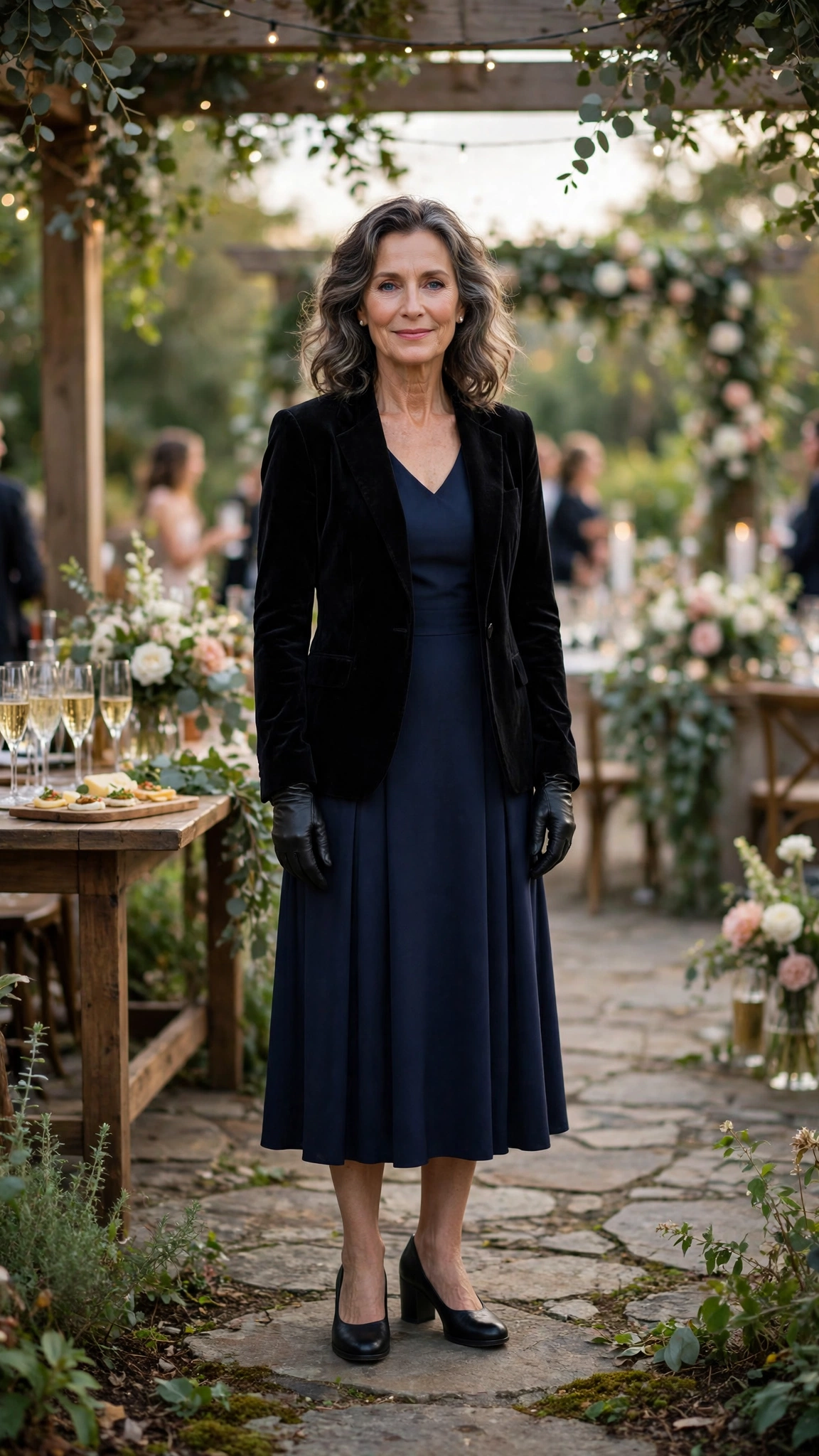 Black Velvet Blazer with a Navy Dress and Black Comfortable Heels