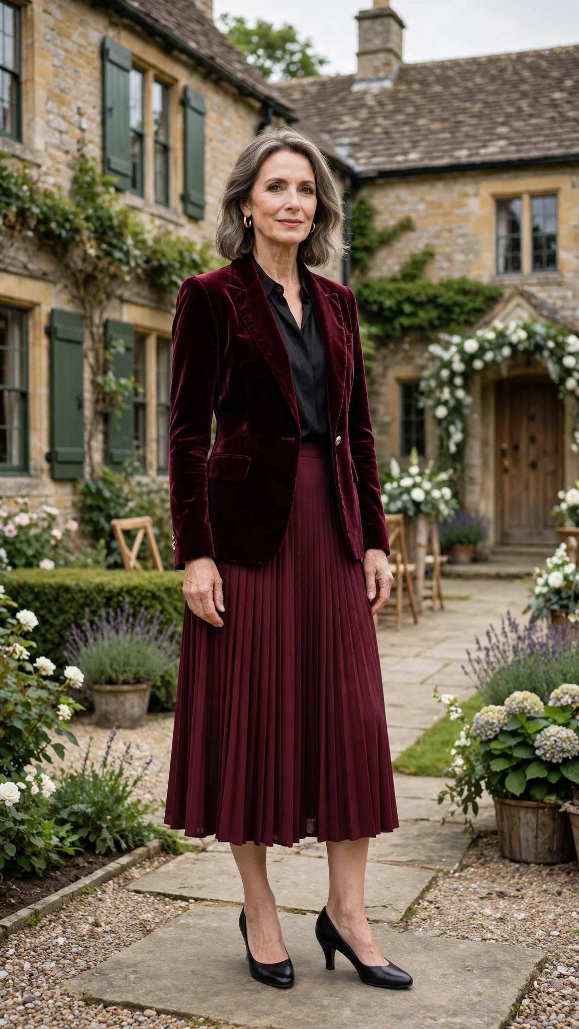 Wine Velvet Blazer with a Burgundy Skirt and Black Low Heels