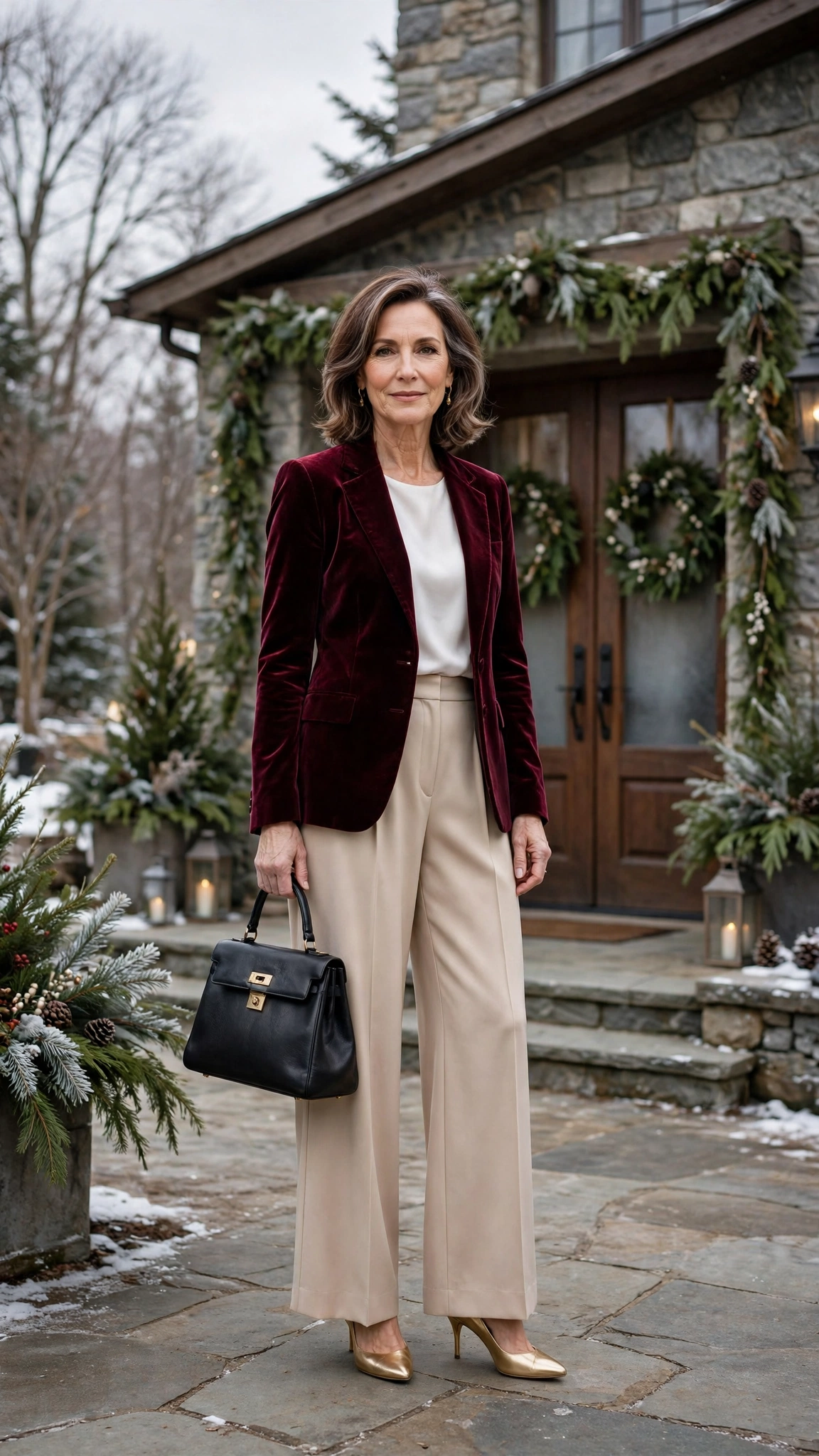 Wine Velvet Blazer with Champagne Wide-leg Trousers and Gold Heels