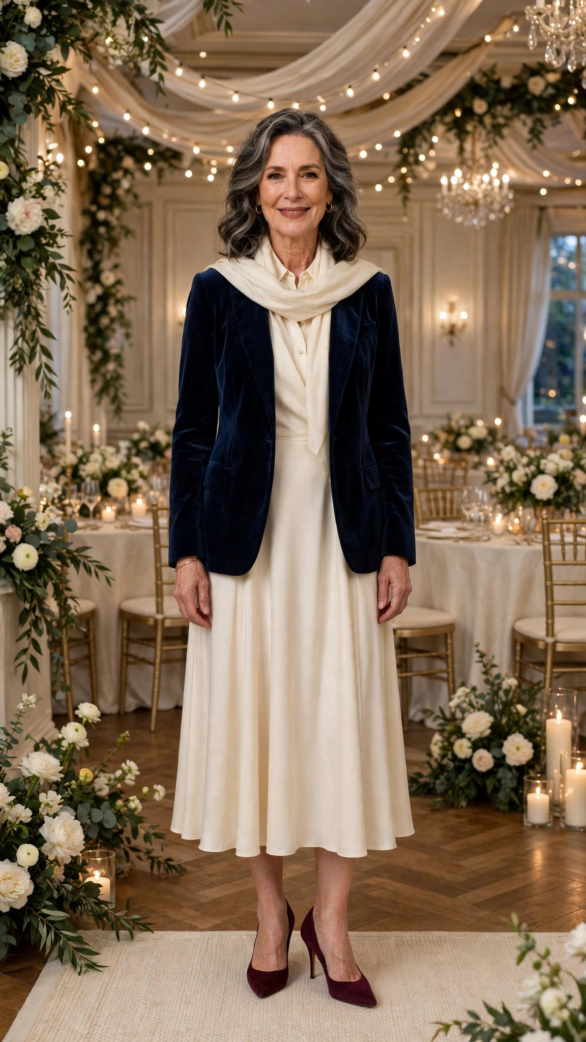 Navy Velvet Blazer with a Cream Midi Dress and Burgundy Heels