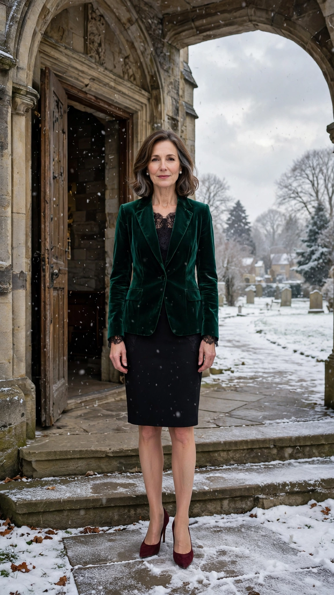 Emerald Velvet Blazer with a Black Dress and Burgundy Heels