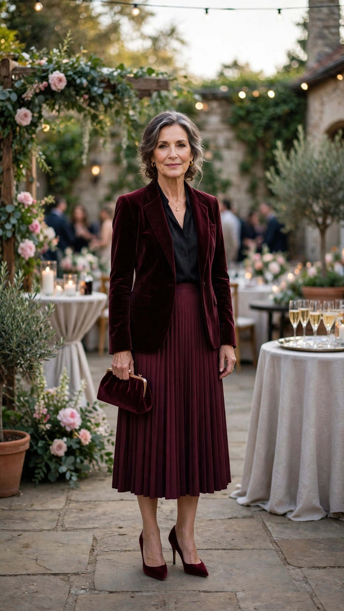 Wine Velvet Blazer with a Burgundy Skirt and Burgundy Heels