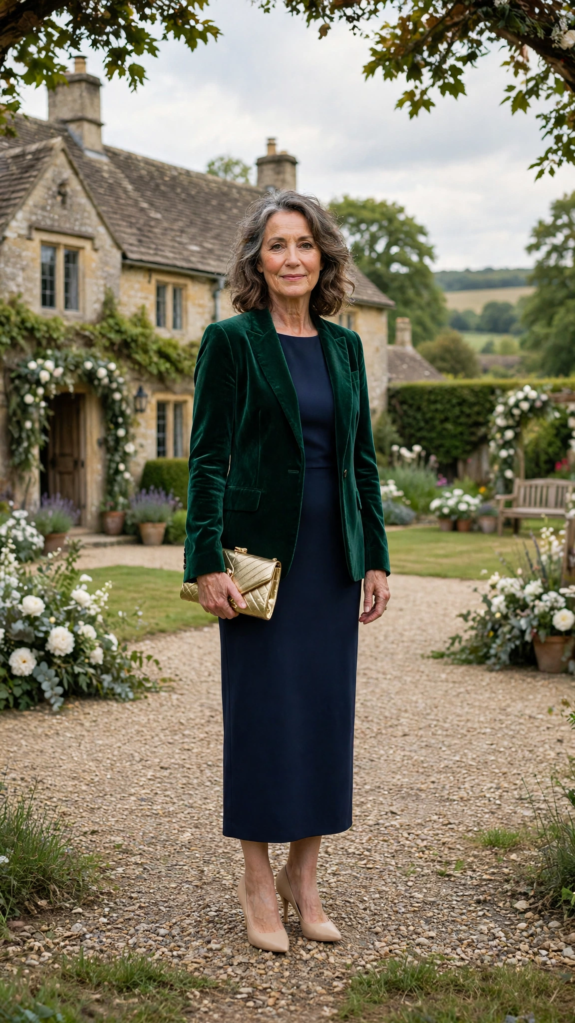 Emerald Velvet Blazer with a Navy Dress and Nude Pumps