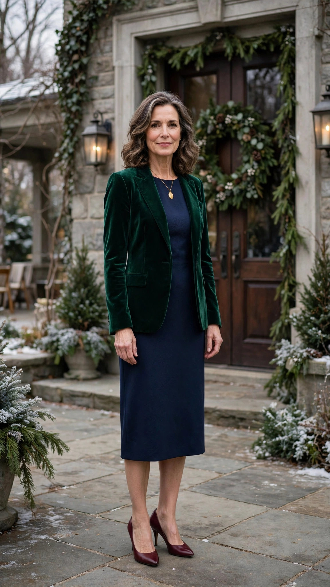 Emerald Velvet Blazer with a Navy Dress and Burgundy Heels