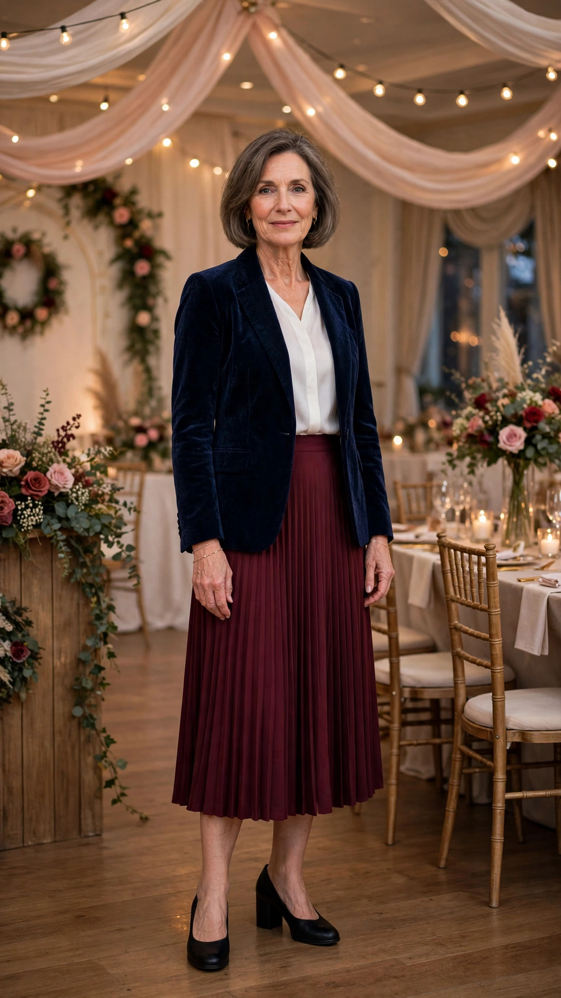 Navy Velvet Blazer with a Burgundy Skirt and Black Comfortable Heels