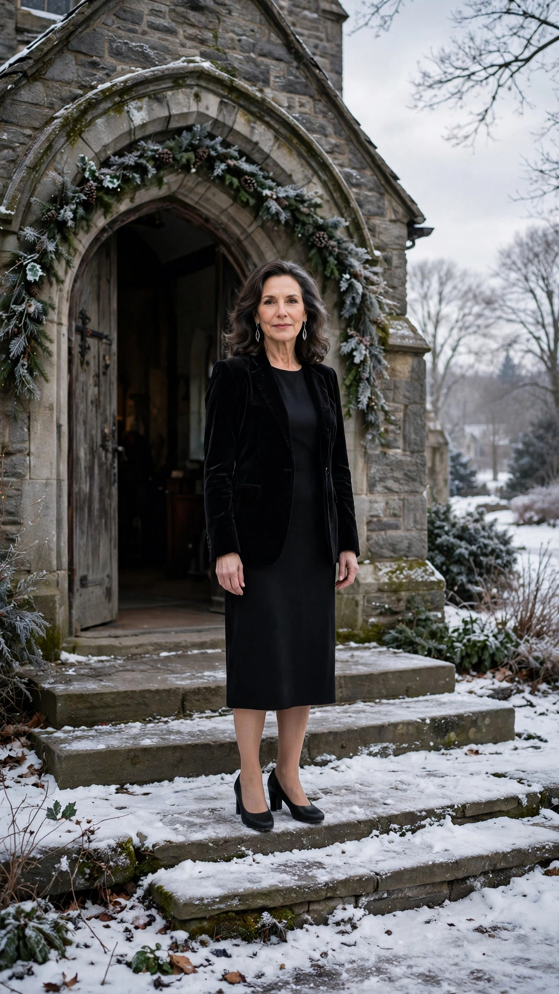 Black Velvet Blazer with a Black Dress and Black Comfortable Heels