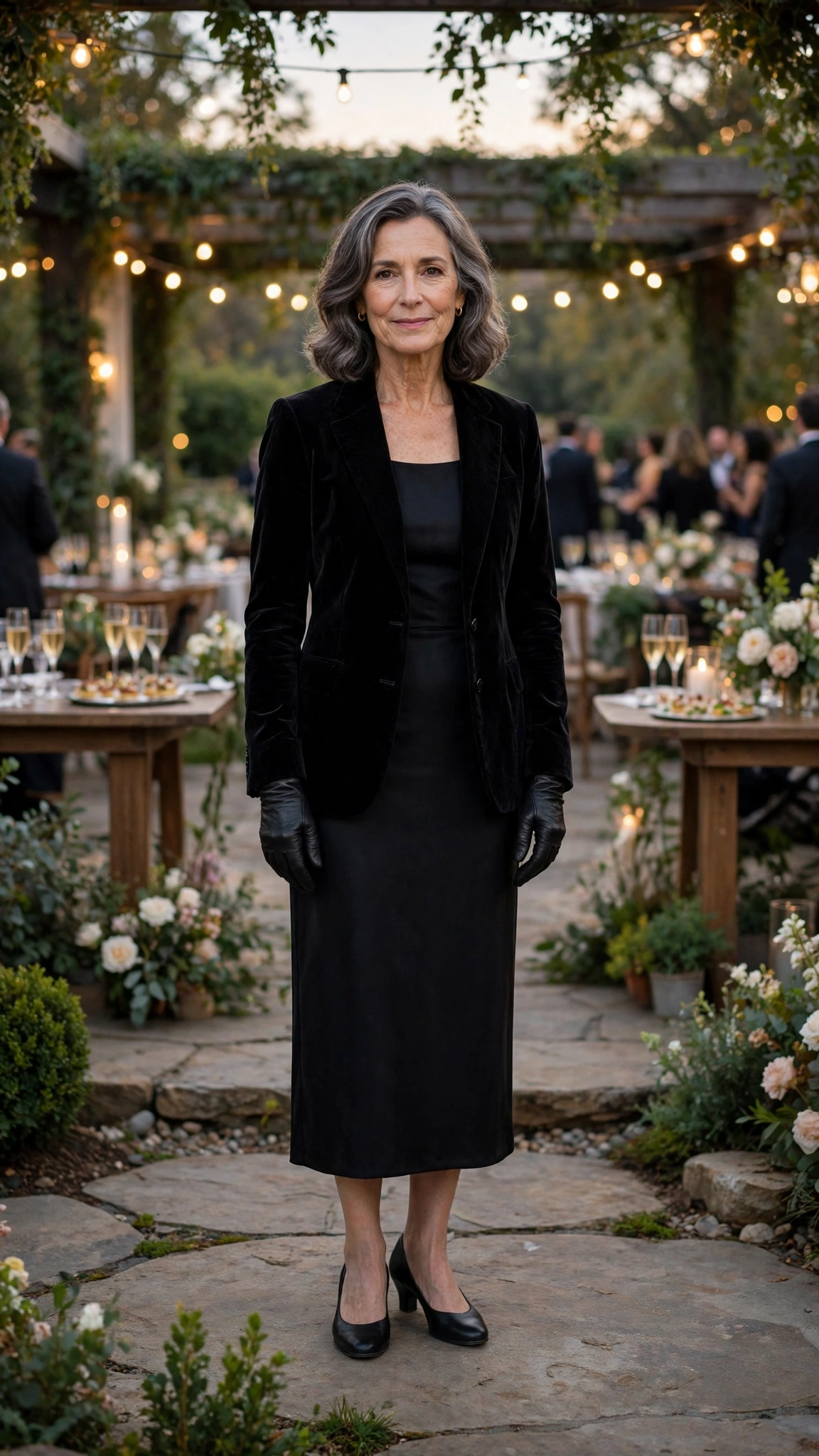 Black Velvet Blazer with a Black Dress and Black Low Heels