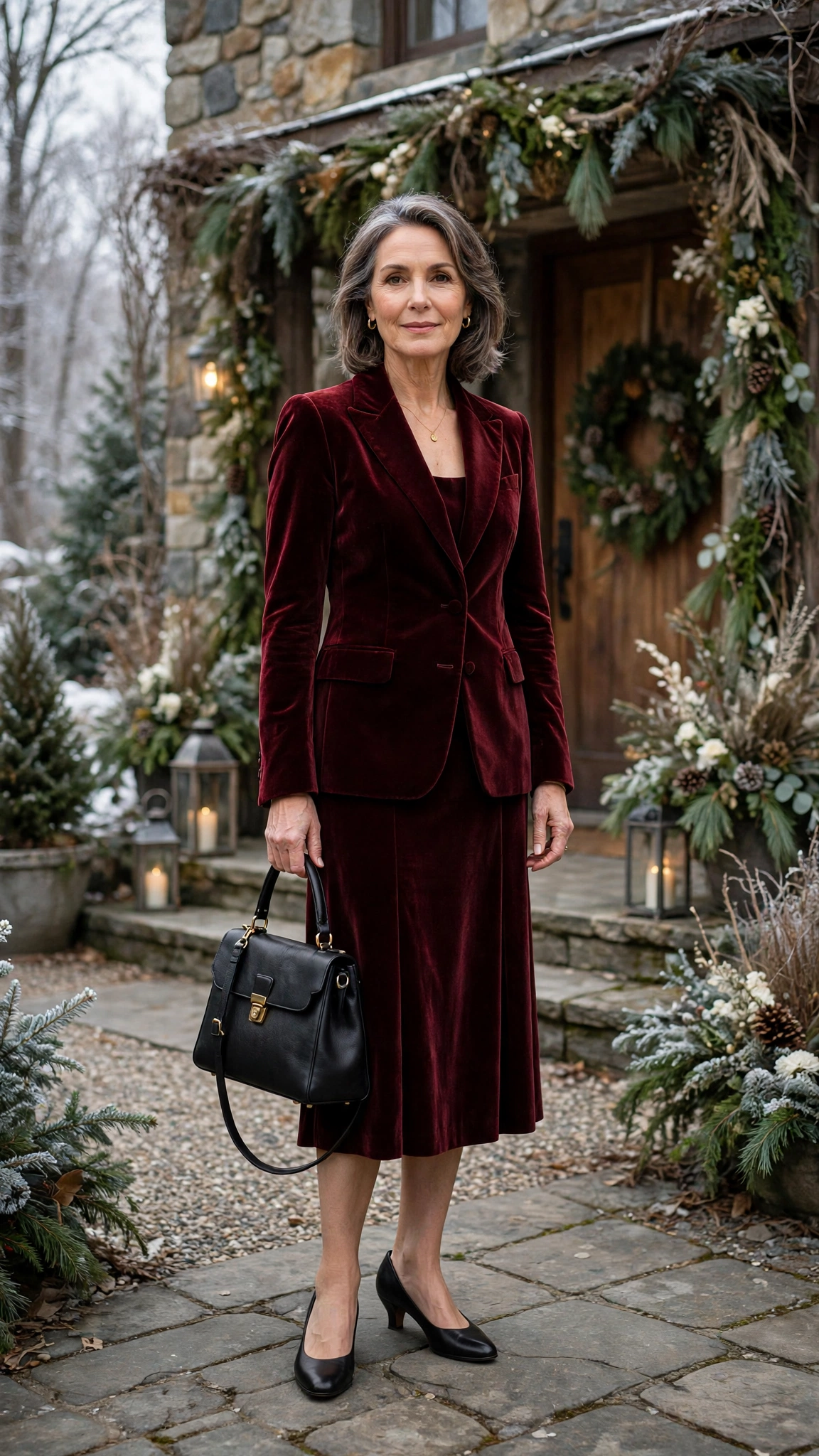 Burgundy Velvet Blazer with a Burgundy Skirt and Black Low Heels