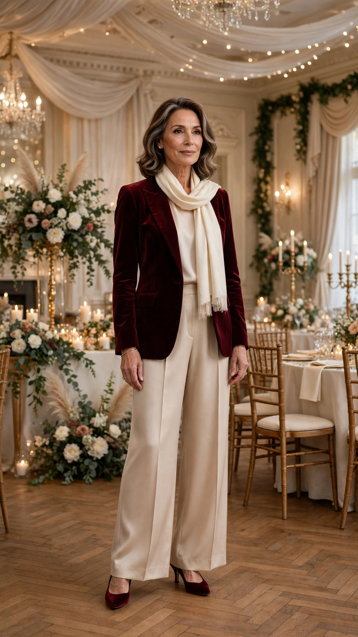 Burgundy Velvet Blazer with Champagne Wide-leg Trousers and Burgundy Heels