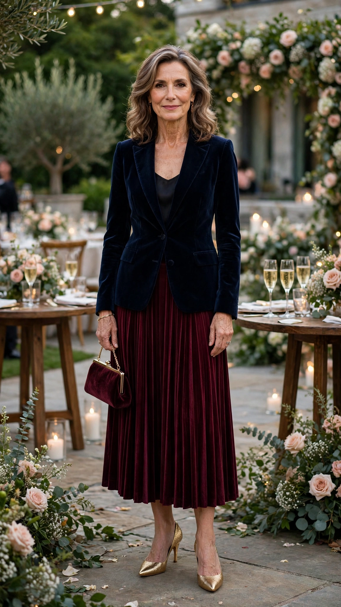 Navy Velvet Blazer with a Burgundy Skirt and Gold Heels