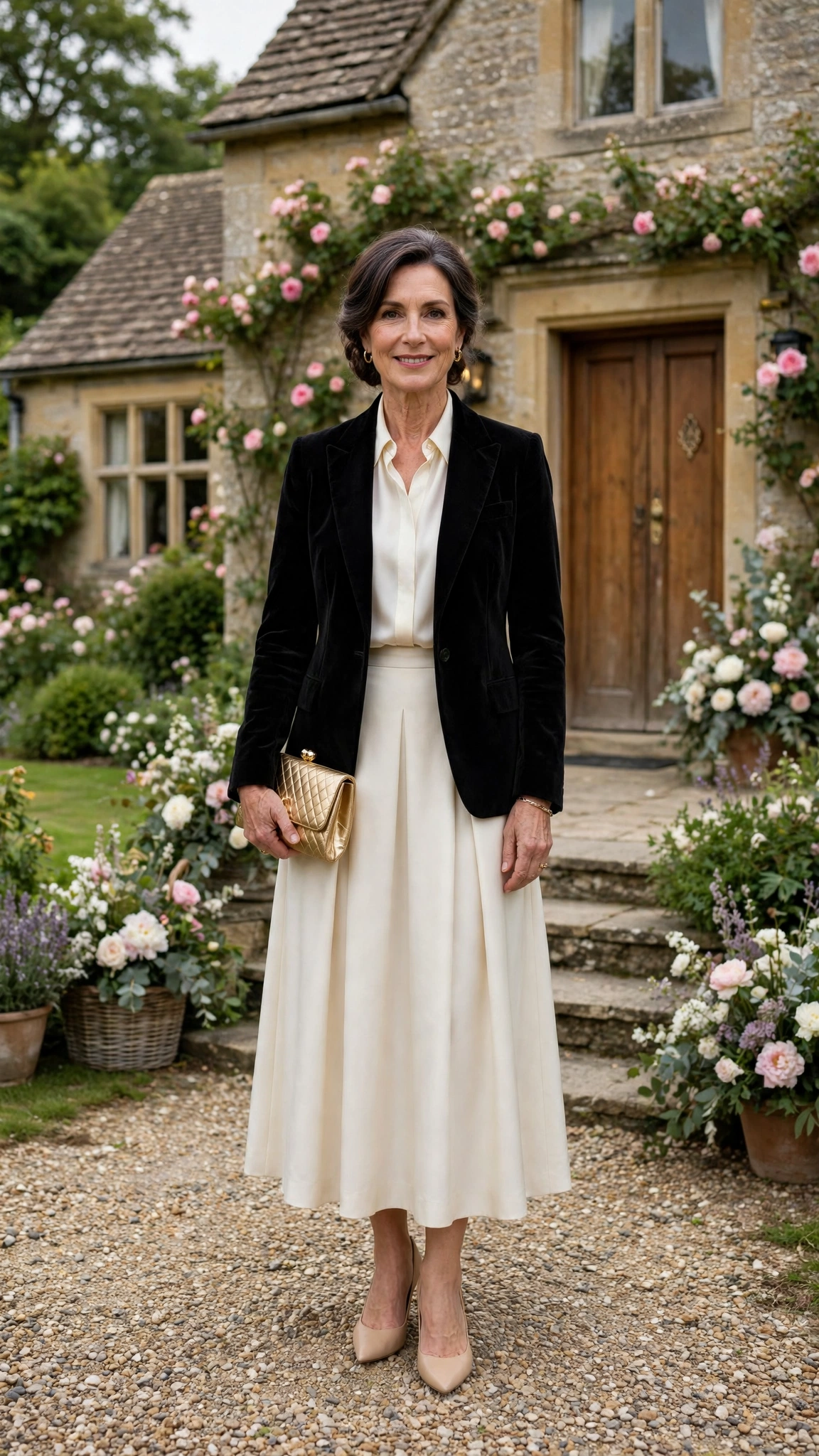 Black Velvet Blazer with an Ivory Blouse and Nude Pumps