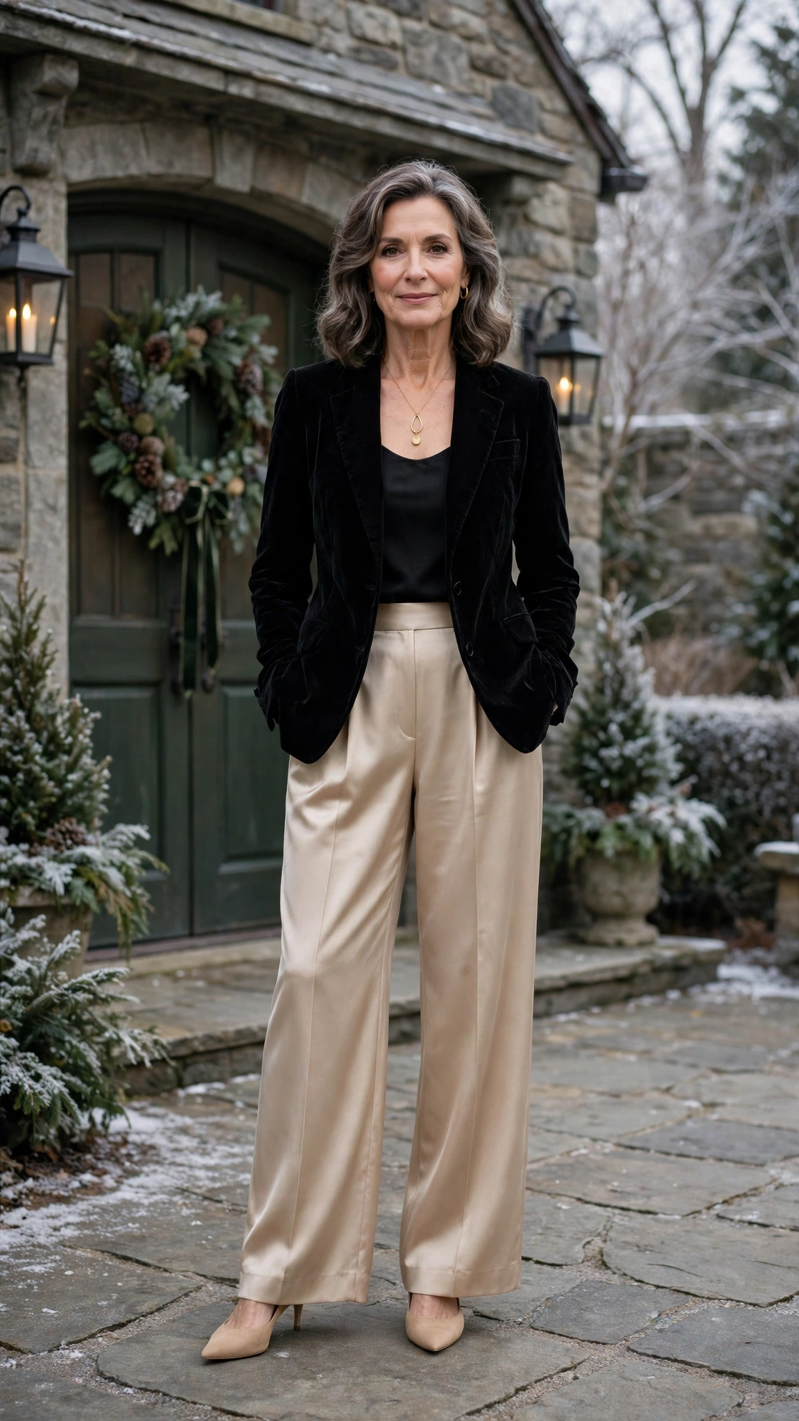 Black Velvet Blazer with Champagne Wide-leg Trousers and Nude Pumps
