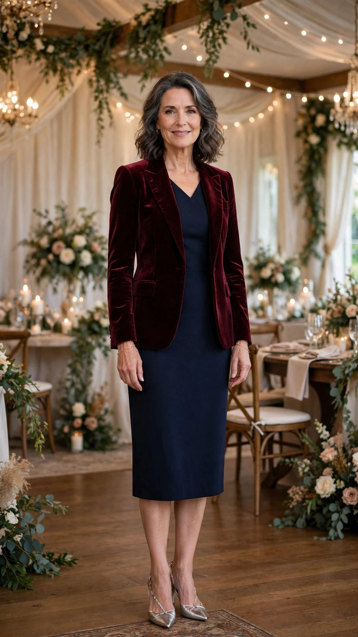 Wine Velvet Blazer with a Navy Dress and Silver Heels