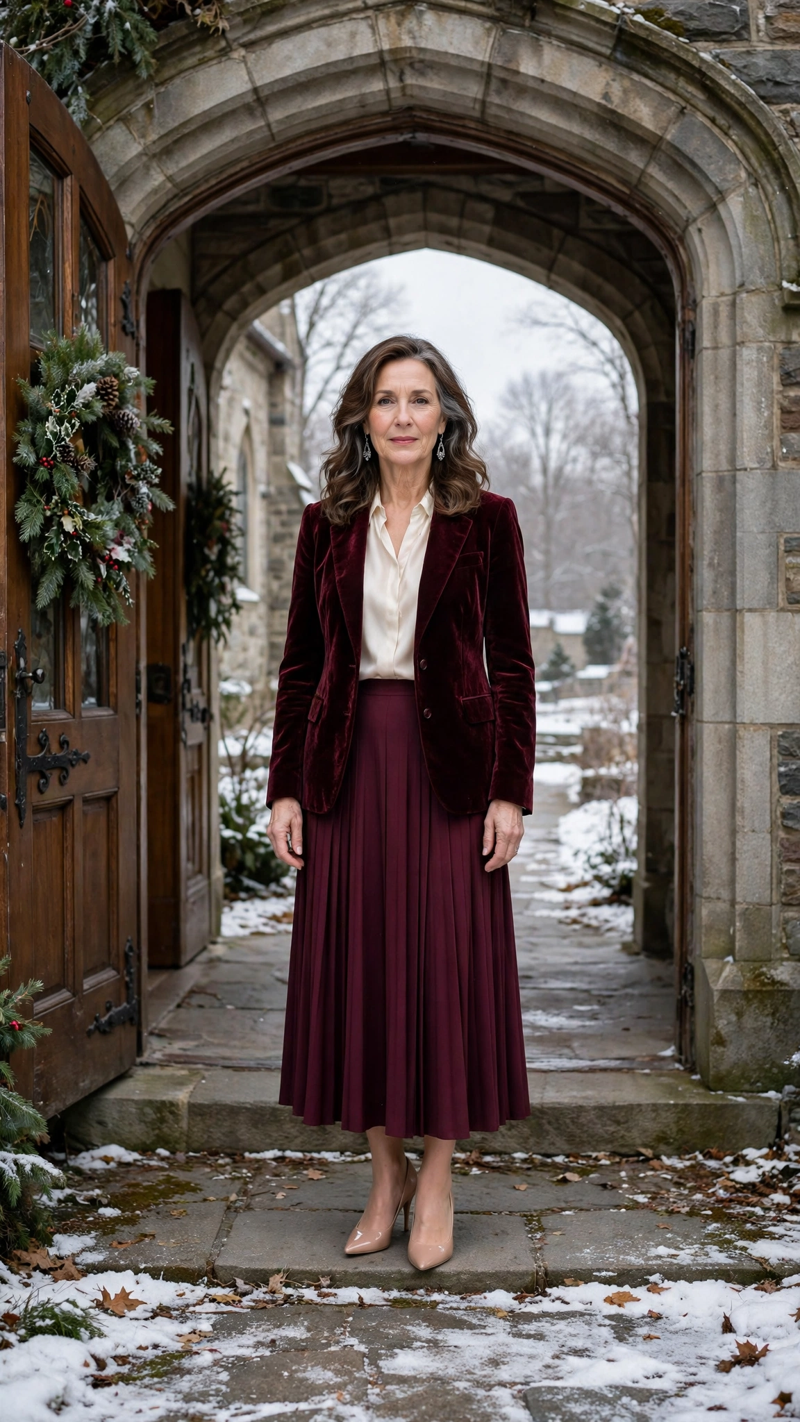 Wine Velvet Blazer with a Burgundy Skirt and Nude Pumps