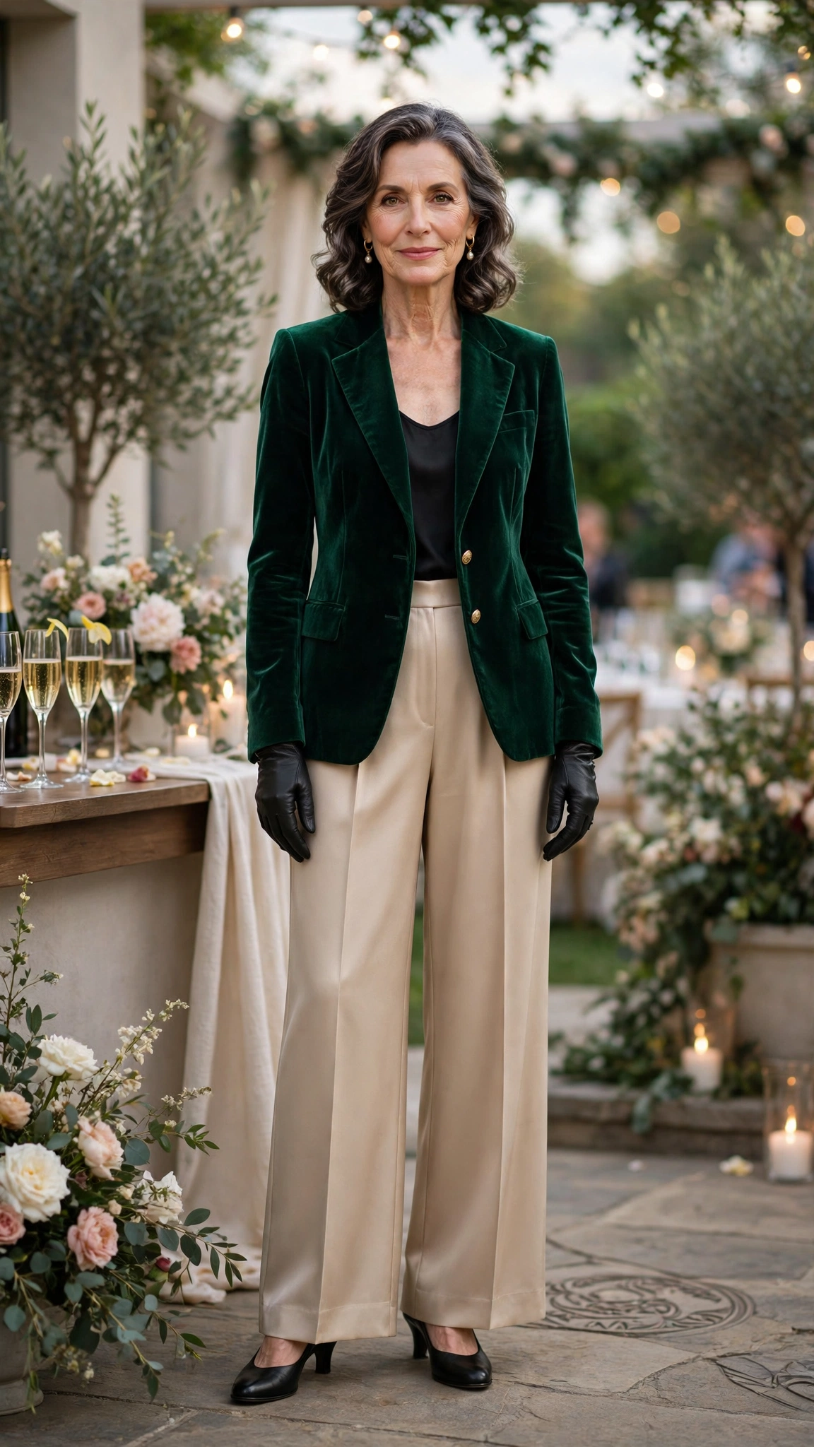 Emerald Velvet Blazer with Champagne Wide-leg Trousers and Black Low Heels