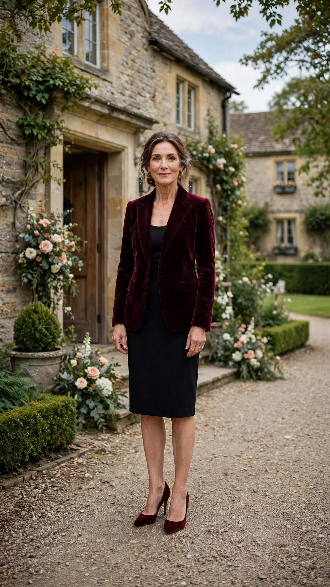 Wine Velvet Blazer with a Black Dress and Burgundy Heels