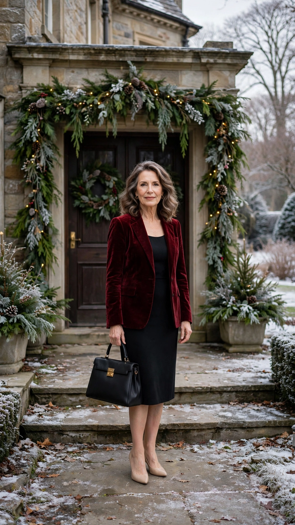 Burgundy Velvet Blazer with a Black Dress and Nude Pumps