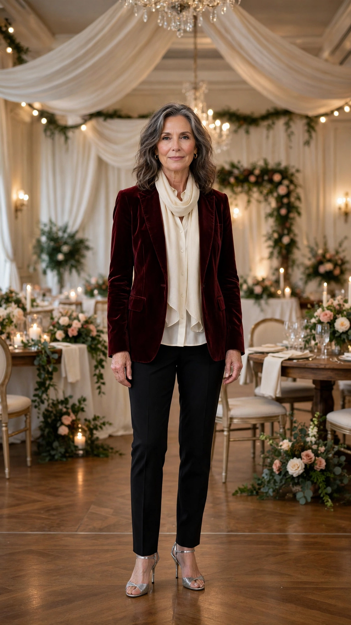Wine Velvet Blazer with an Ivory Blouse and Silver Heels