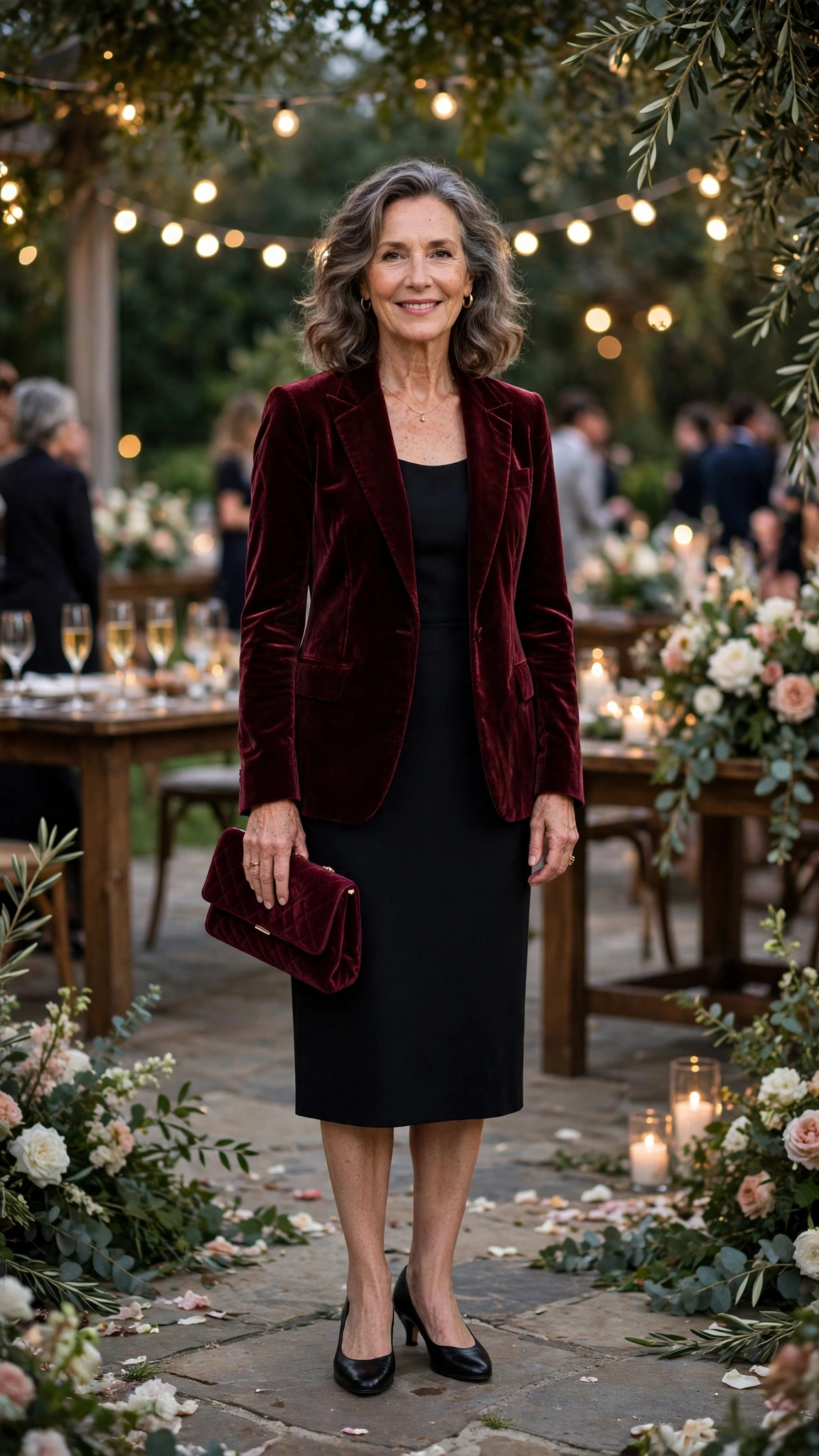 Wine Velvet Blazer with a Black Dress and Black Low Heels