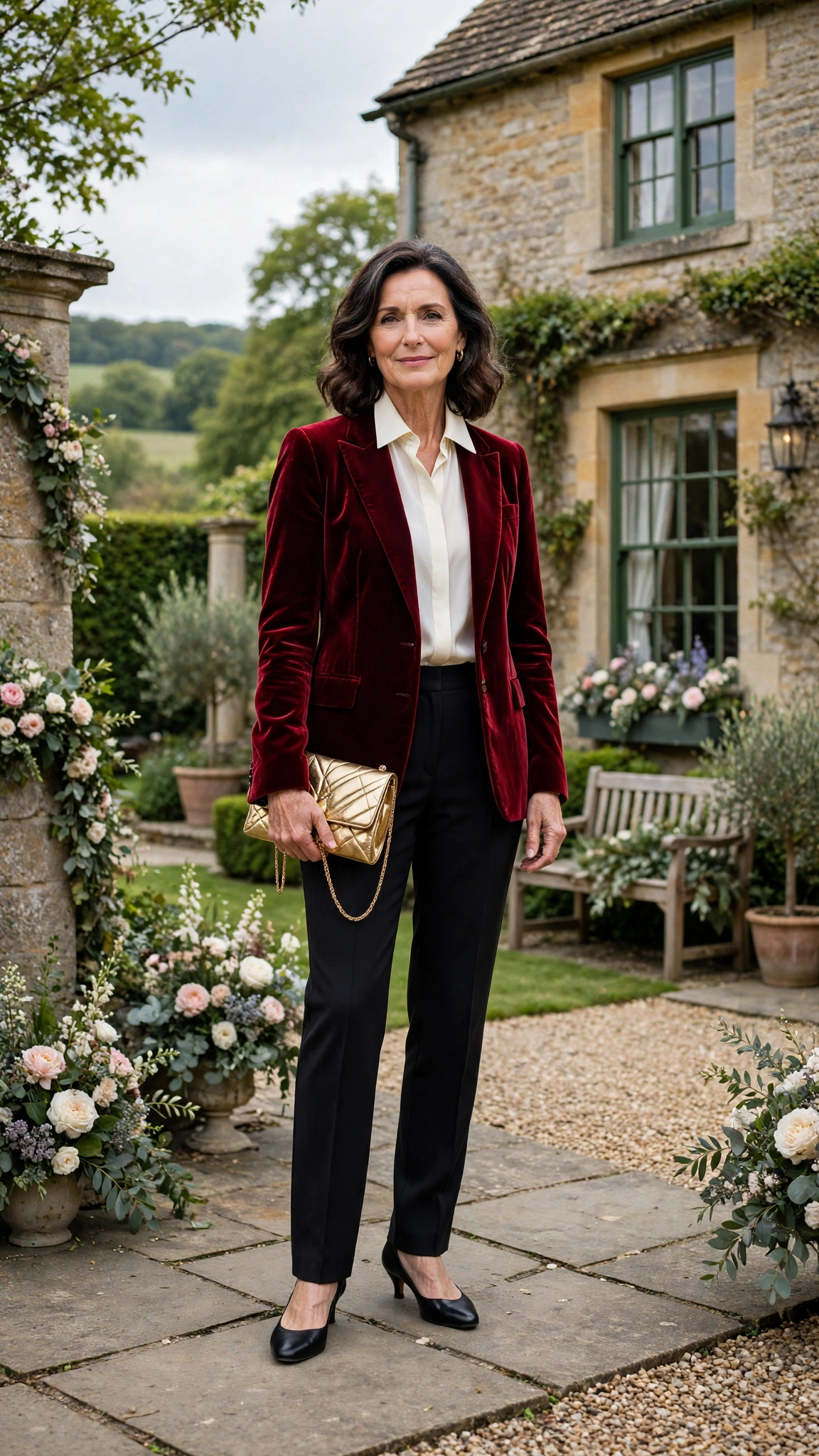 Wine Velvet Blazer with an Ivory Blouse and Black Low Heels