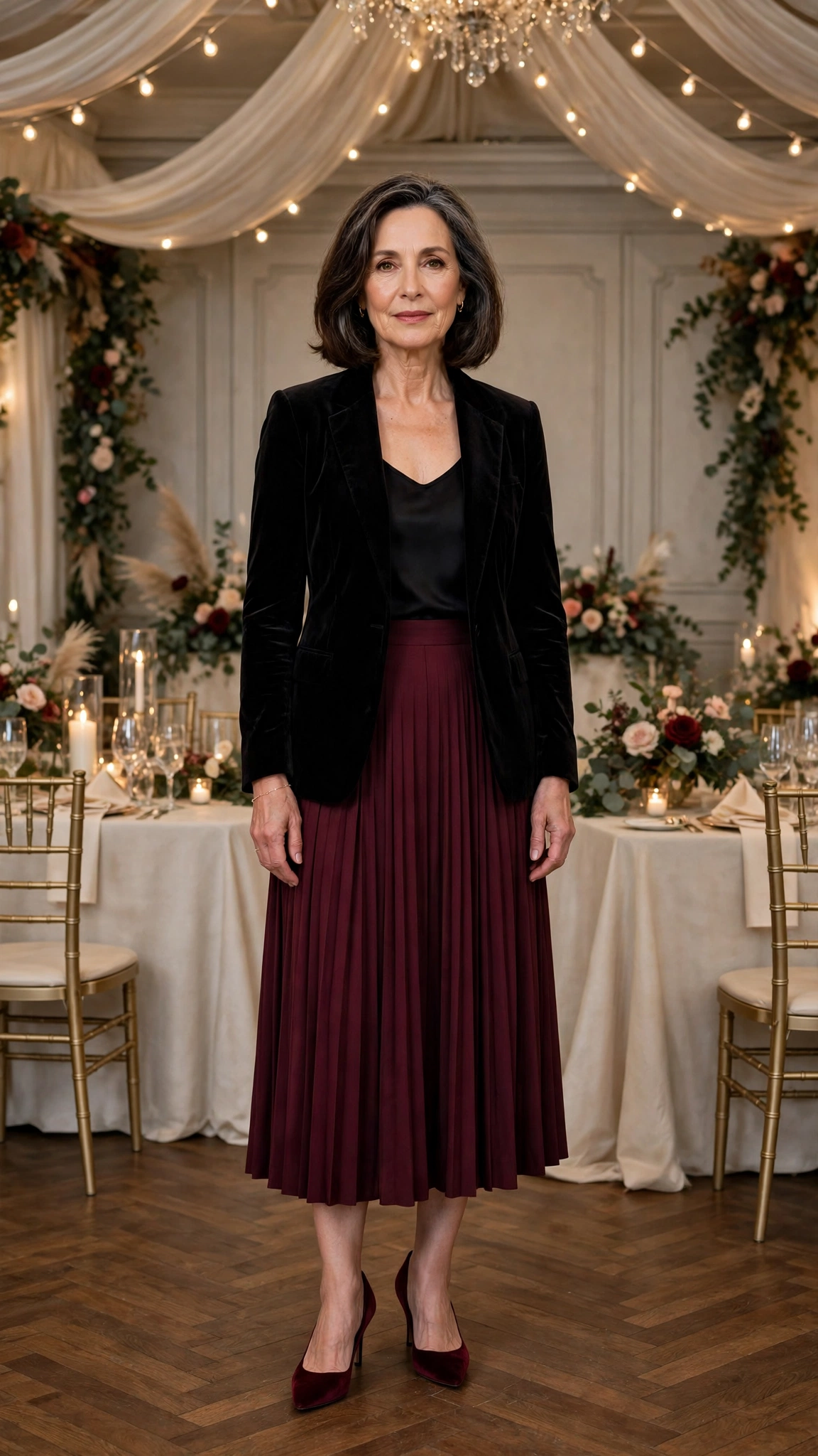 Black Velvet Blazer with a Burgundy Skirt and Burgundy Heels