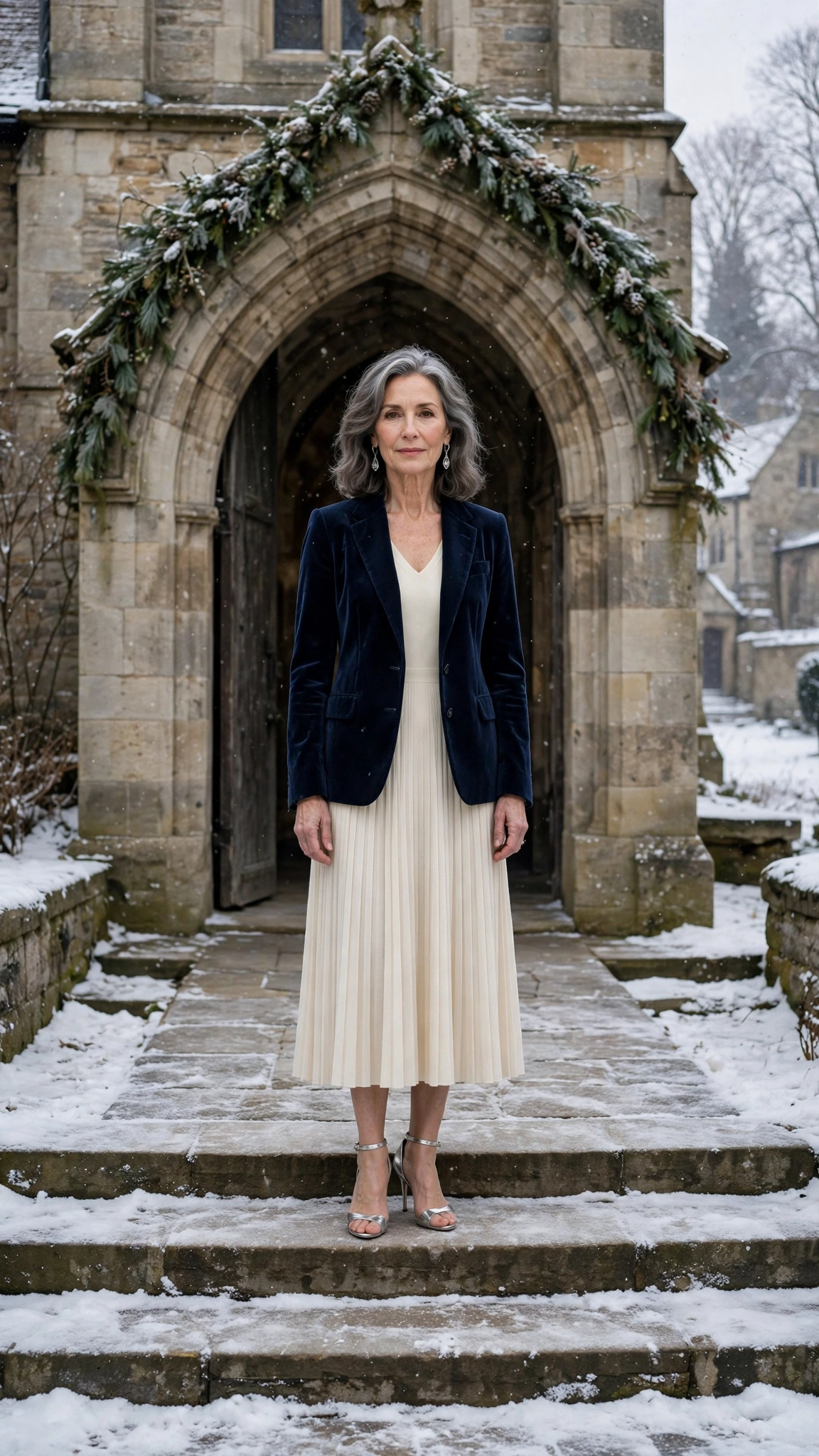 Navy Velvet Blazer with a Cream Midi Dress and Silver Heels