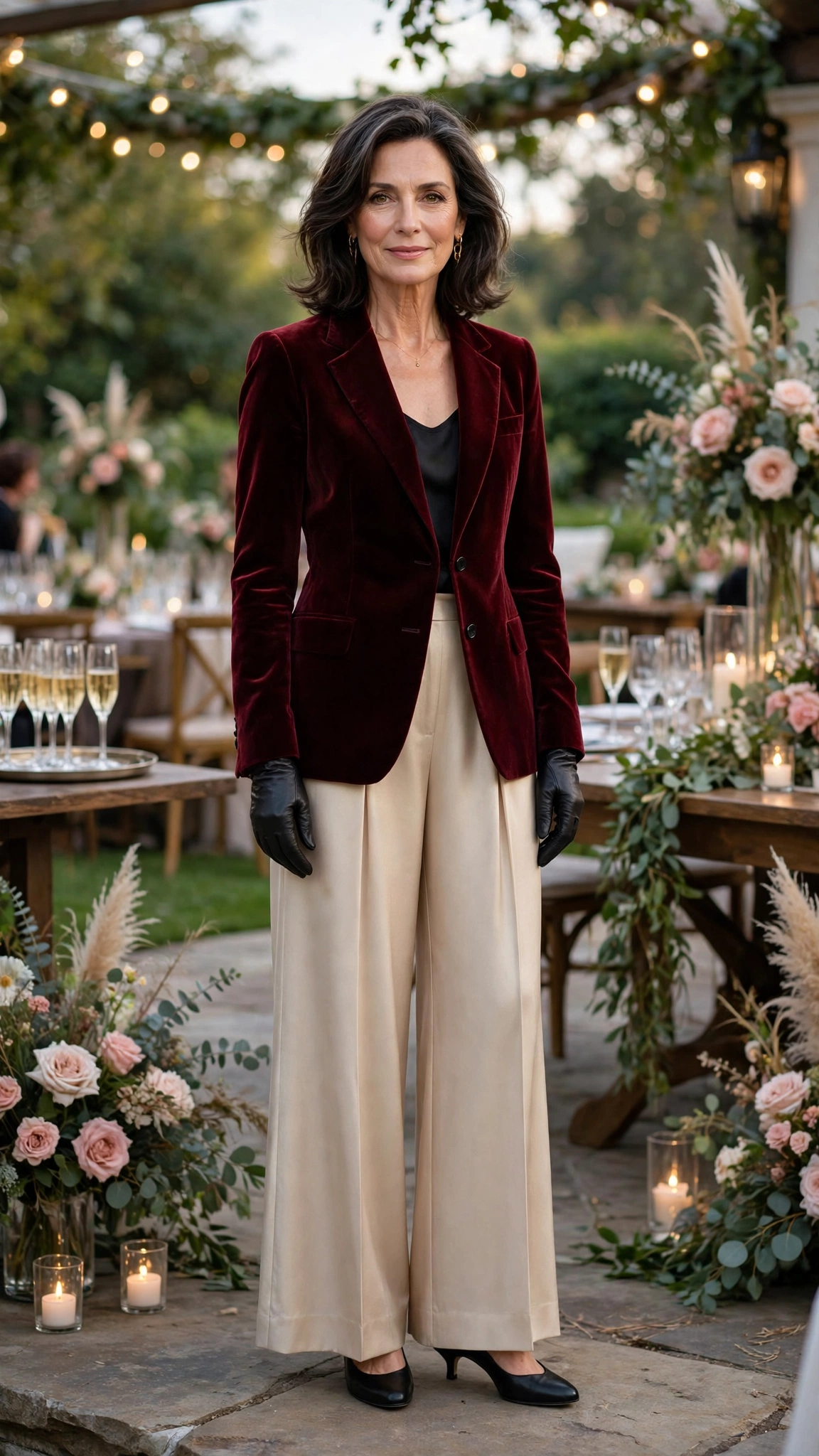 Burgundy Velvet Blazer with Champagne Wide-leg Trousers and Black Low Heels