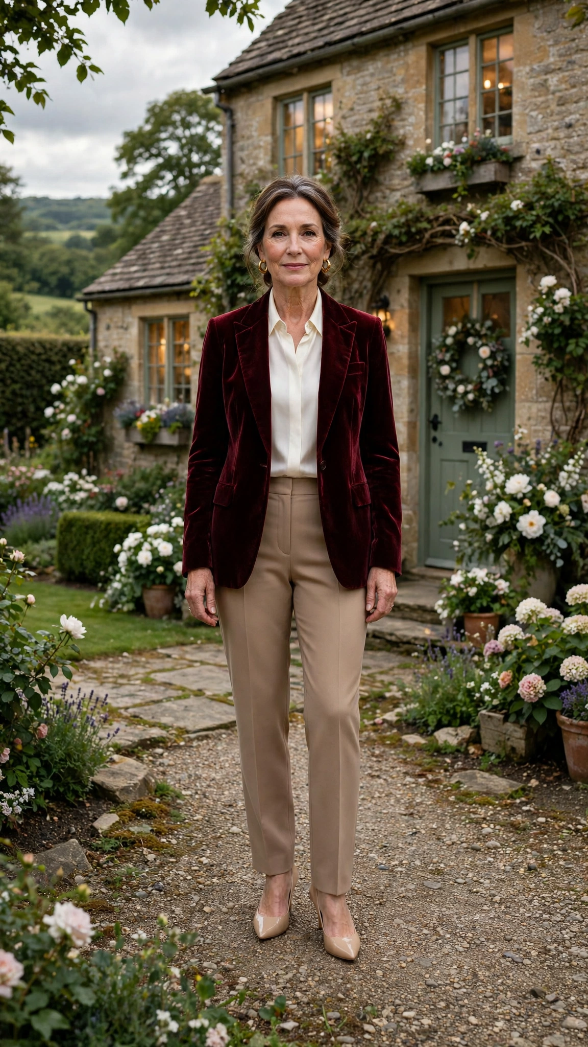 Wine Velvet Blazer with an Ivory Blouse and Nude Pumps