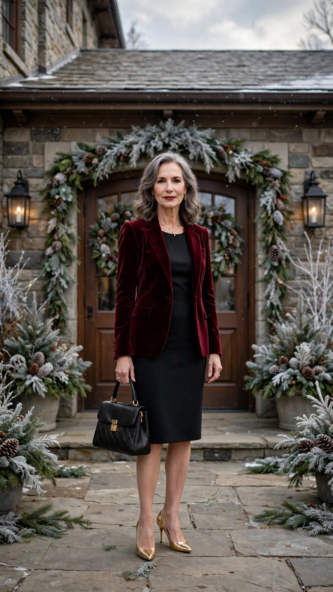 Wine Velvet Blazer with a Black Dress and Gold Heels