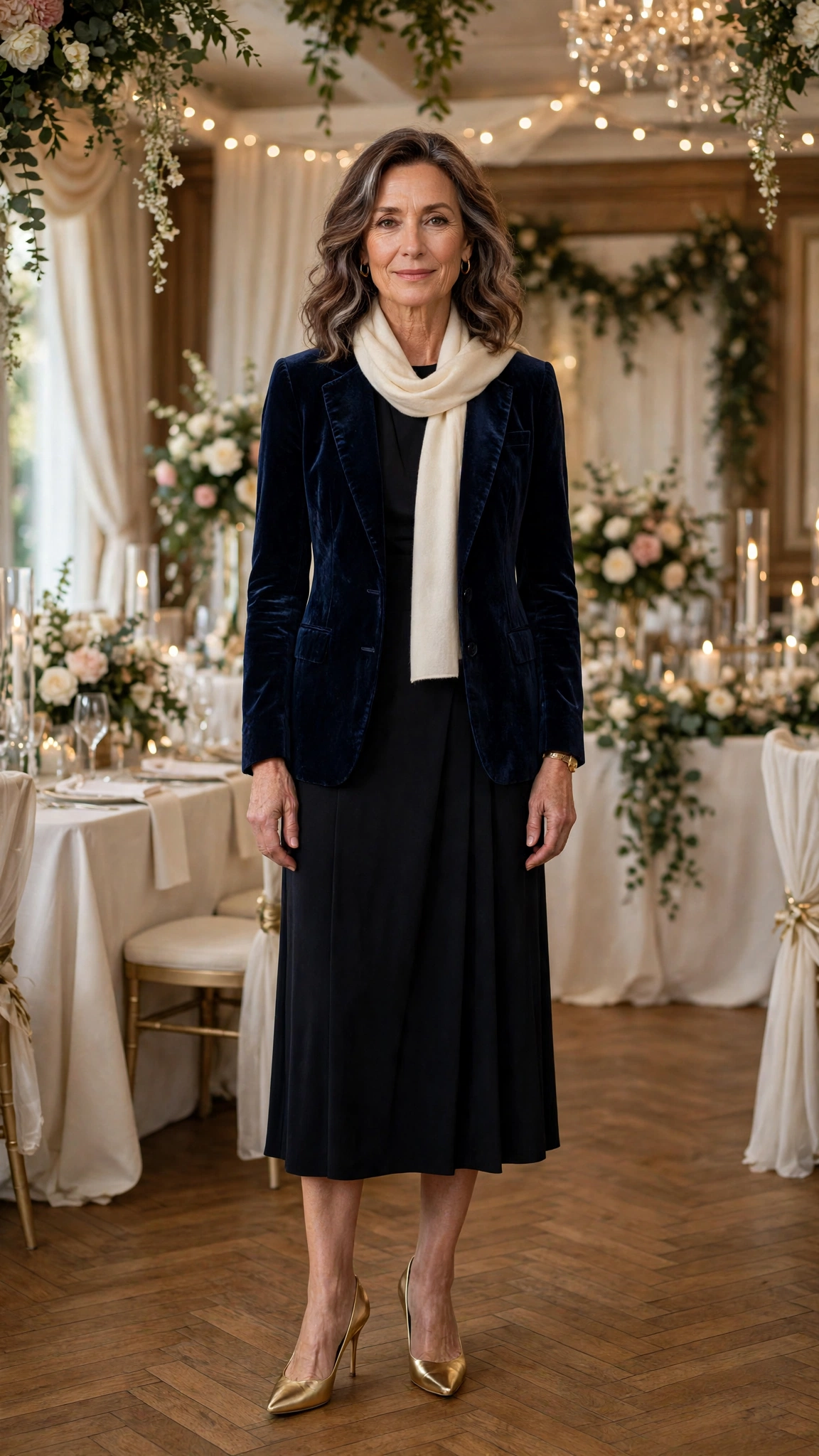 Navy Velvet Blazer with a Black Dress and Gold Heels