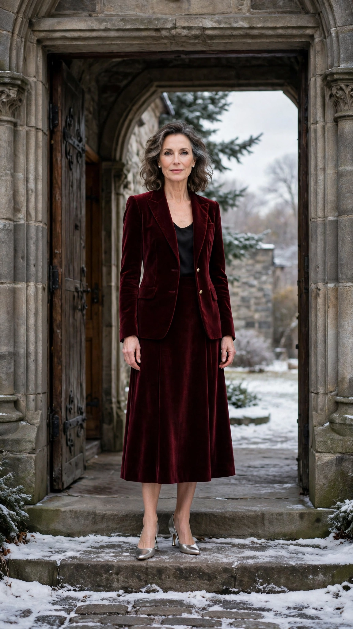 Burgundy Velvet Blazer with a Burgundy Skirt and Silver Heels