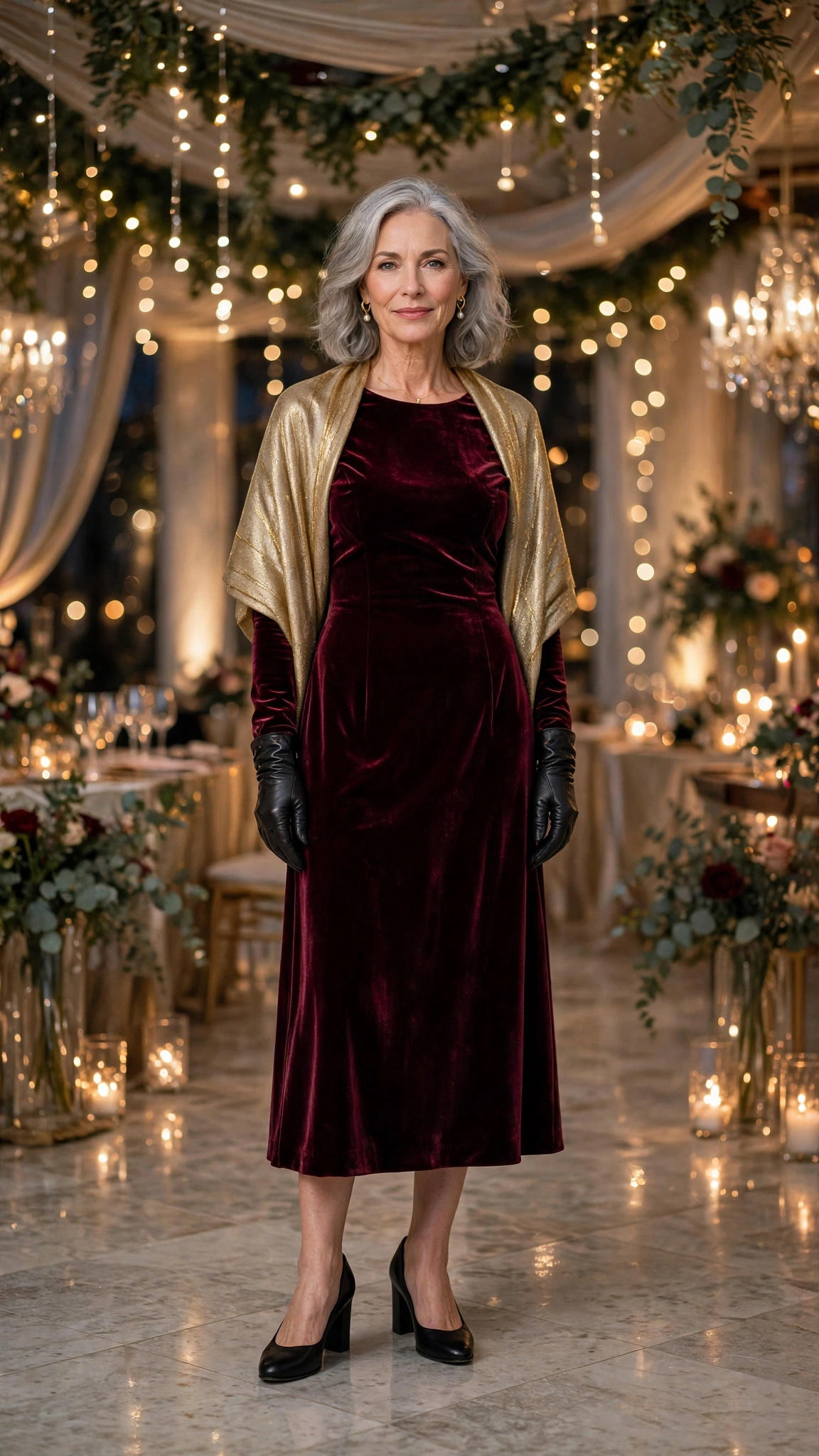 Wine Velvet Midi Dress with a Gold Shawl and Black Comfortable Heels