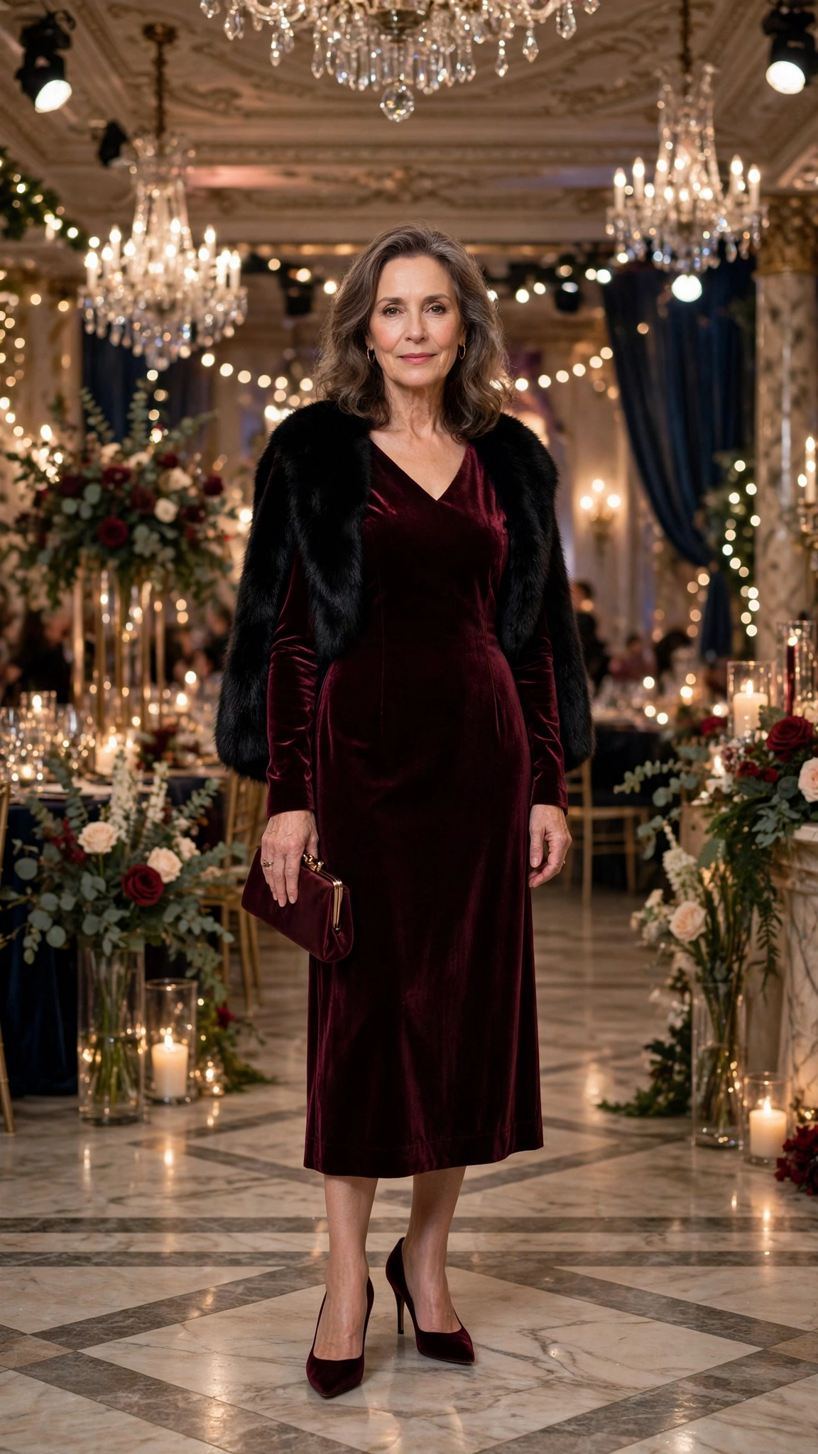 Wine Velvet Midi Dress with a Black Faux-fur Stole and Wine Heels