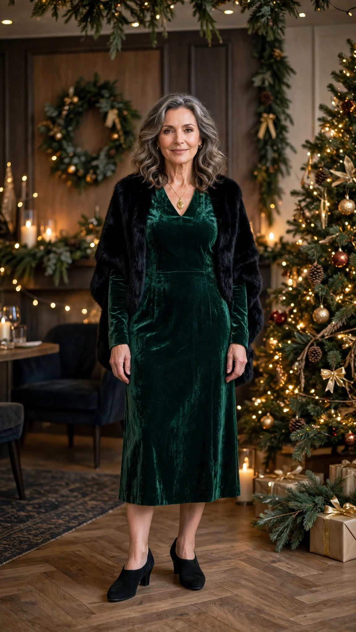 Emerald Velvet Midi Dress with a Black Faux-fur Stole and Black Comfortable Heels