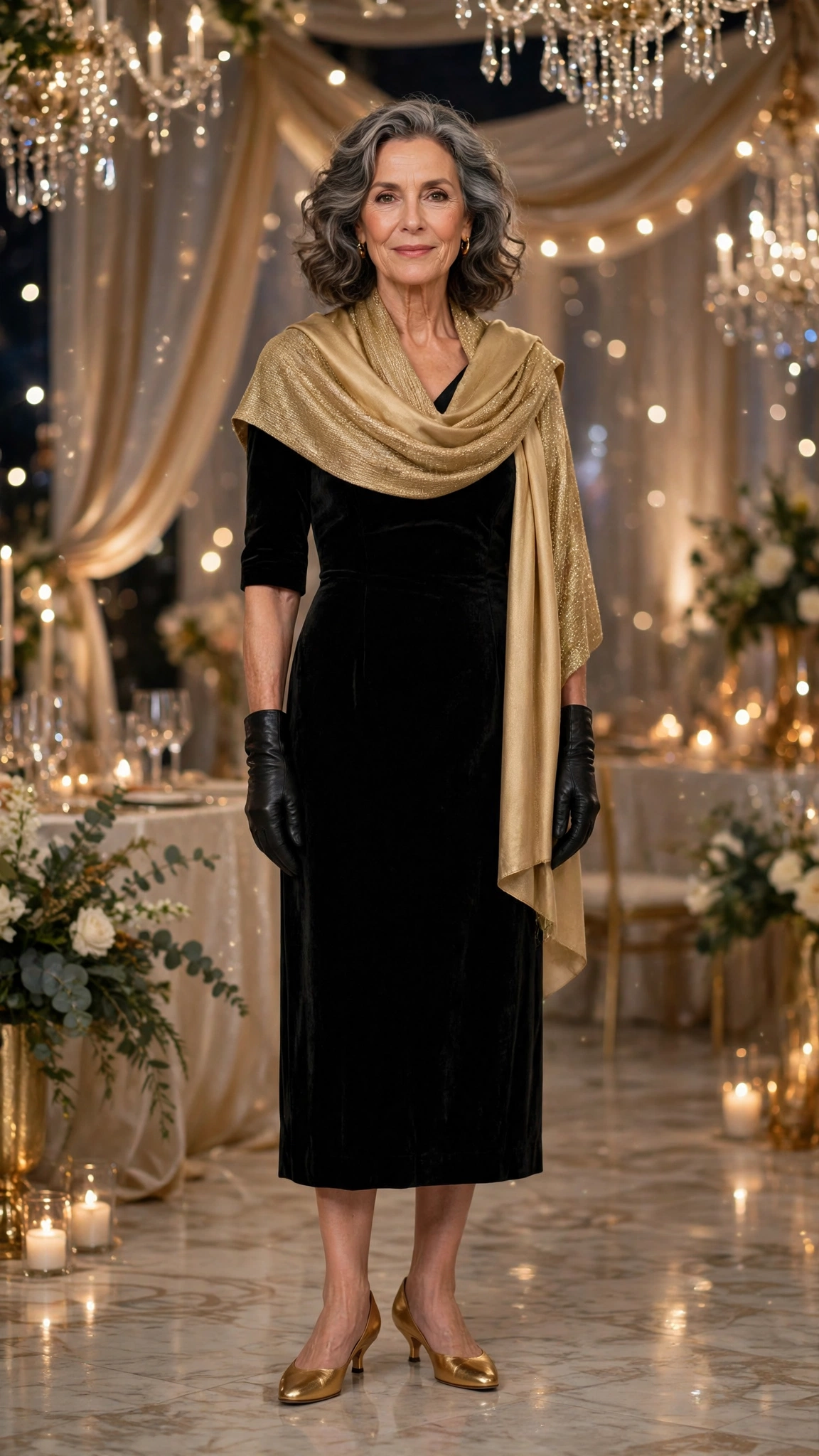 Black Velvet Midi Dress with a Gold Shawl and Gold Low Heels
