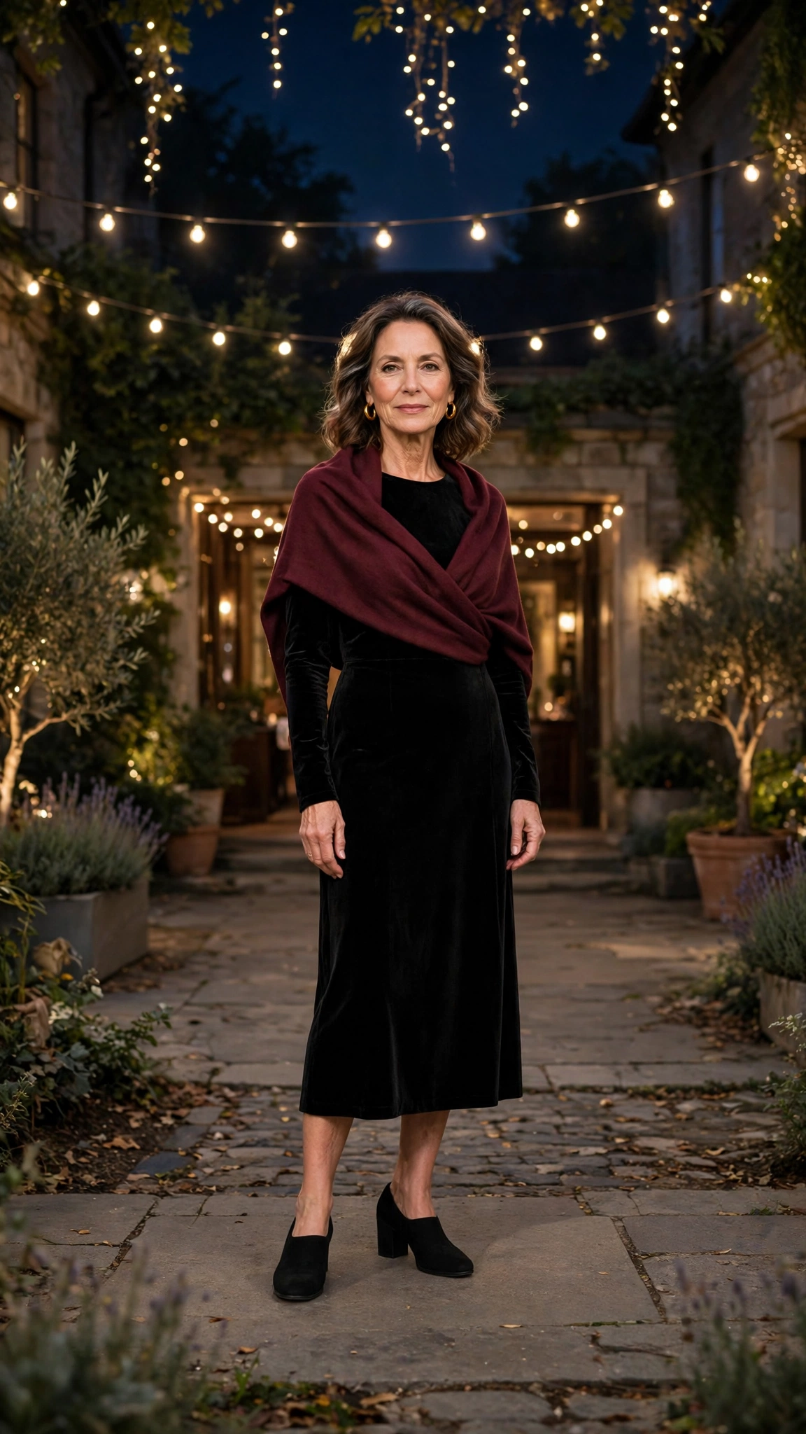 Black Velvet Midi Dress with a Burgundy Wrap and Black Comfortable Heels