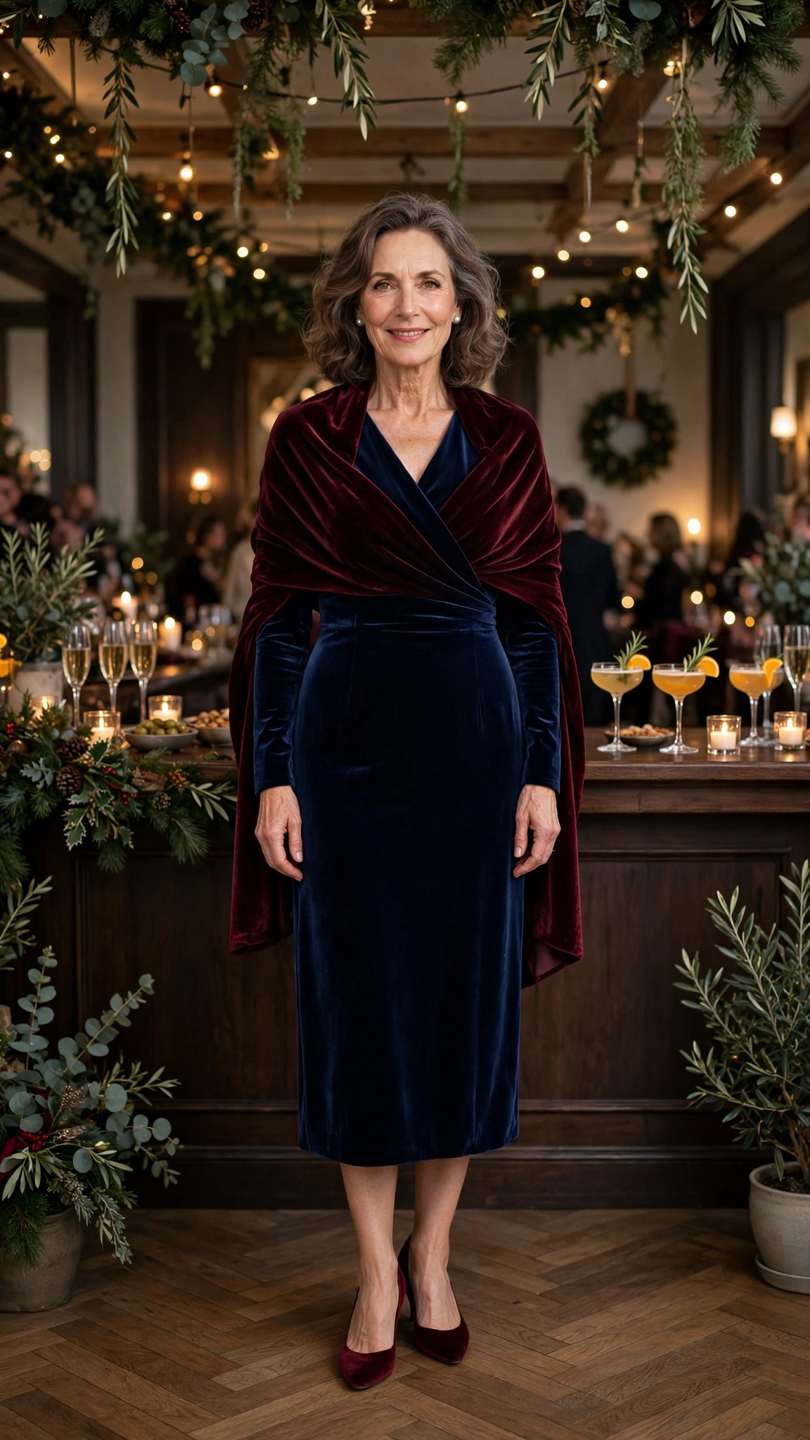 Navy Velvet Midi Dress with a Burgundy Wrap and Burgundy Pumps