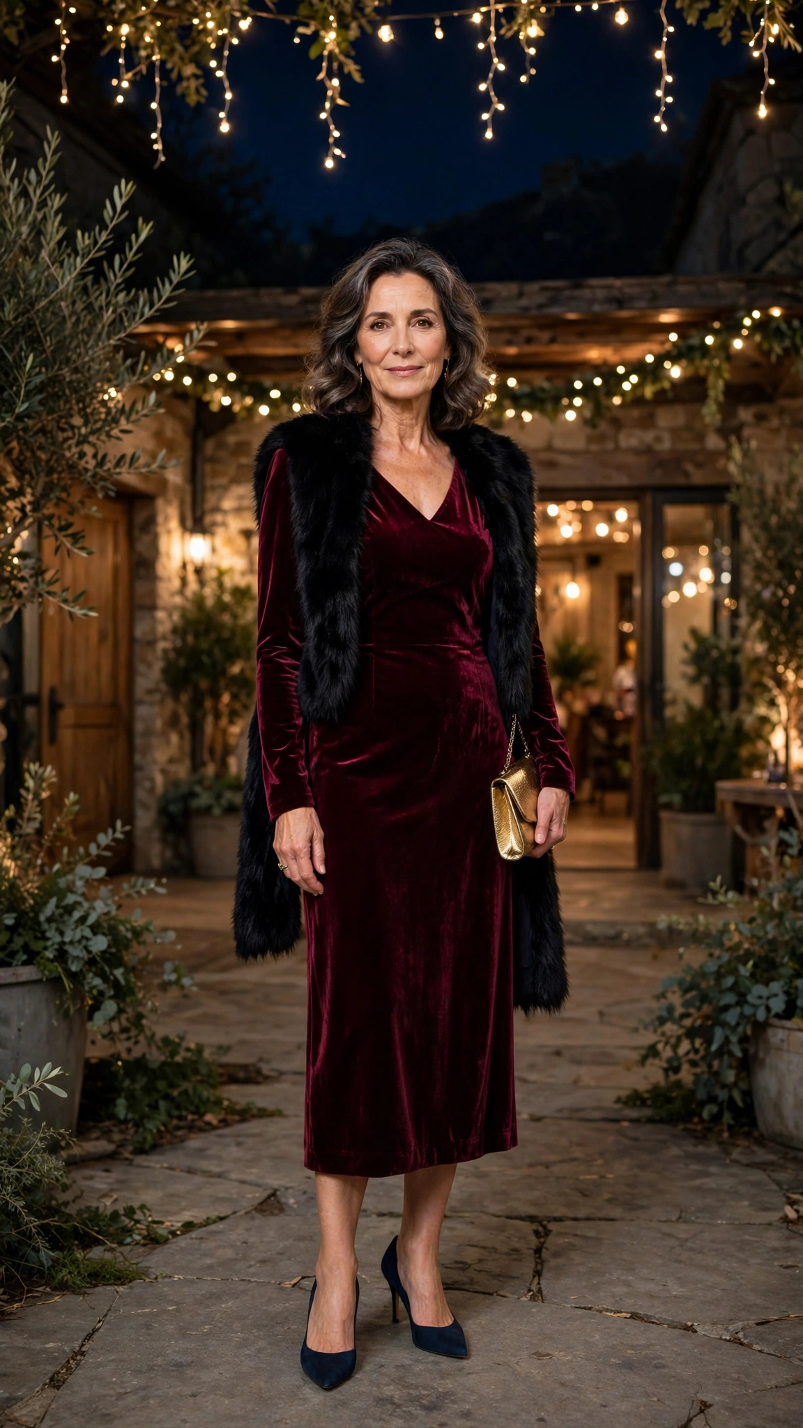 Wine Velvet Midi Dress with a Black Faux-fur Stole and Navy Heels