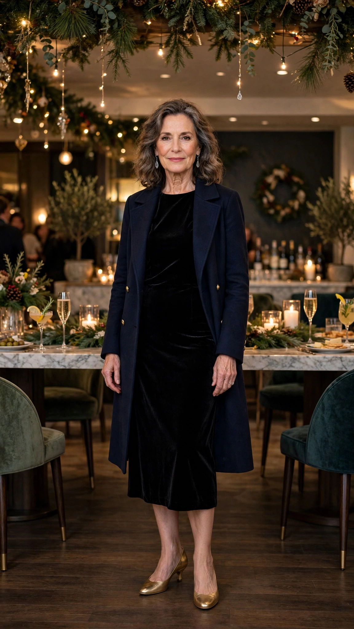 Black Velvet Midi Dress with a Navy Coat and Gold Low Heels